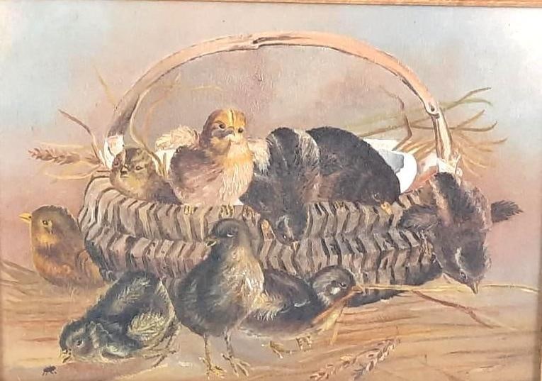 Chicks in Basket Print on Board: NOT ELIGIBLE FOR IN-HOUSE SHIPPING. Unsigned. Sight: 8" high x 11-1/4" wide. Overall with frame: 16-3/4" high x 20" wide. Some frayed edges to fabric mat board.