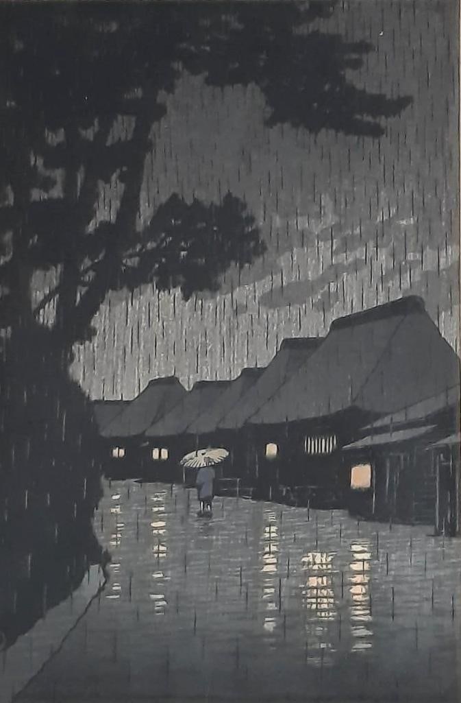 Kawase Hasui "Rainy Night at Maekawa" Woodblock: NOT ELIGIBLE FOR IN-HOUSE SHIPPING. Hasui Kawase was a Japanese artist who was one of 20th century Japan's most important and prolific printmakers. He was a prominent designer of the shin-hanga moveme