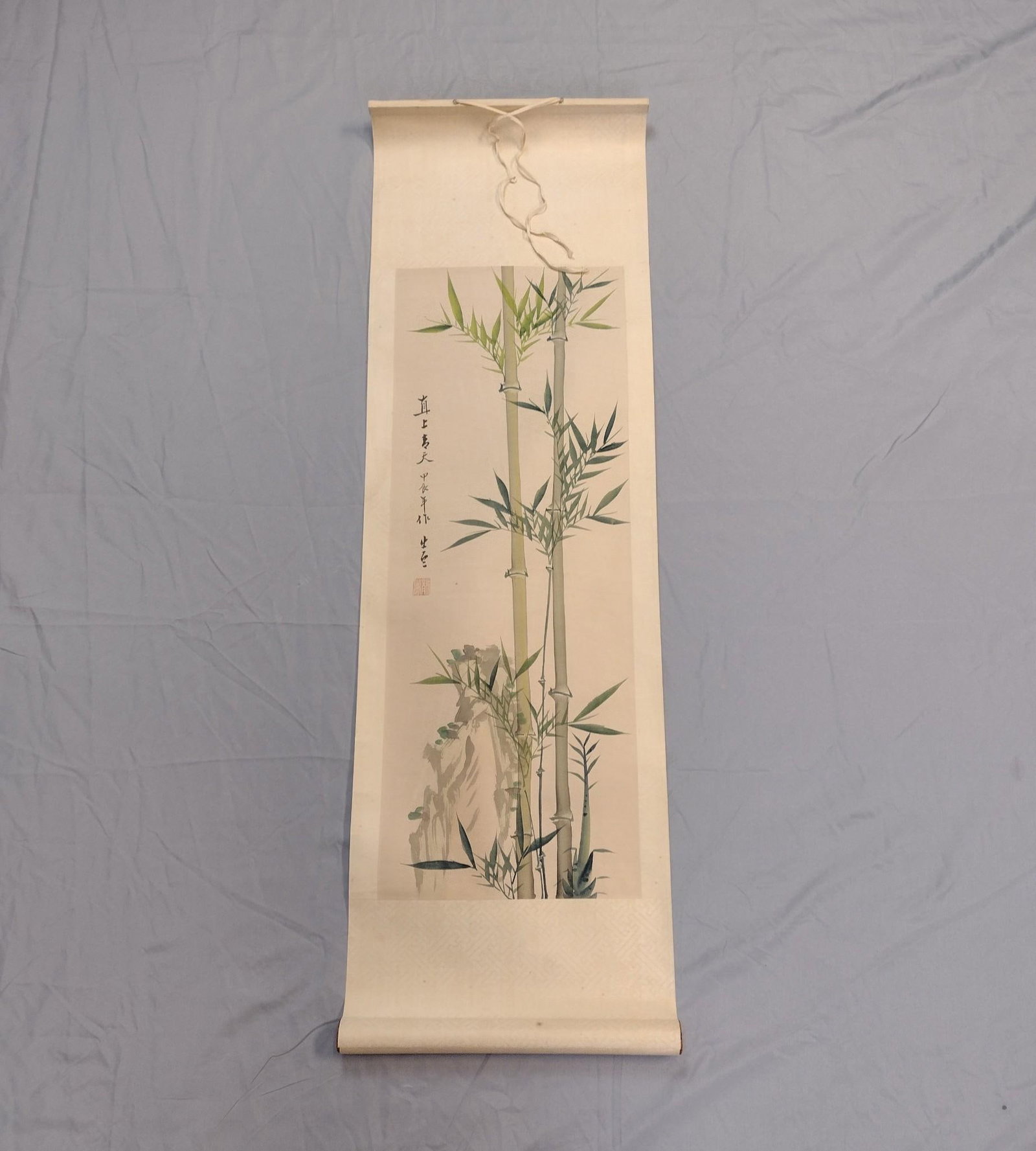 Bamboo Scroll: Stamped and signed. Overall 11" wide x 35-1/2" long. Huaxin 9" wide x 23-3/4" long.