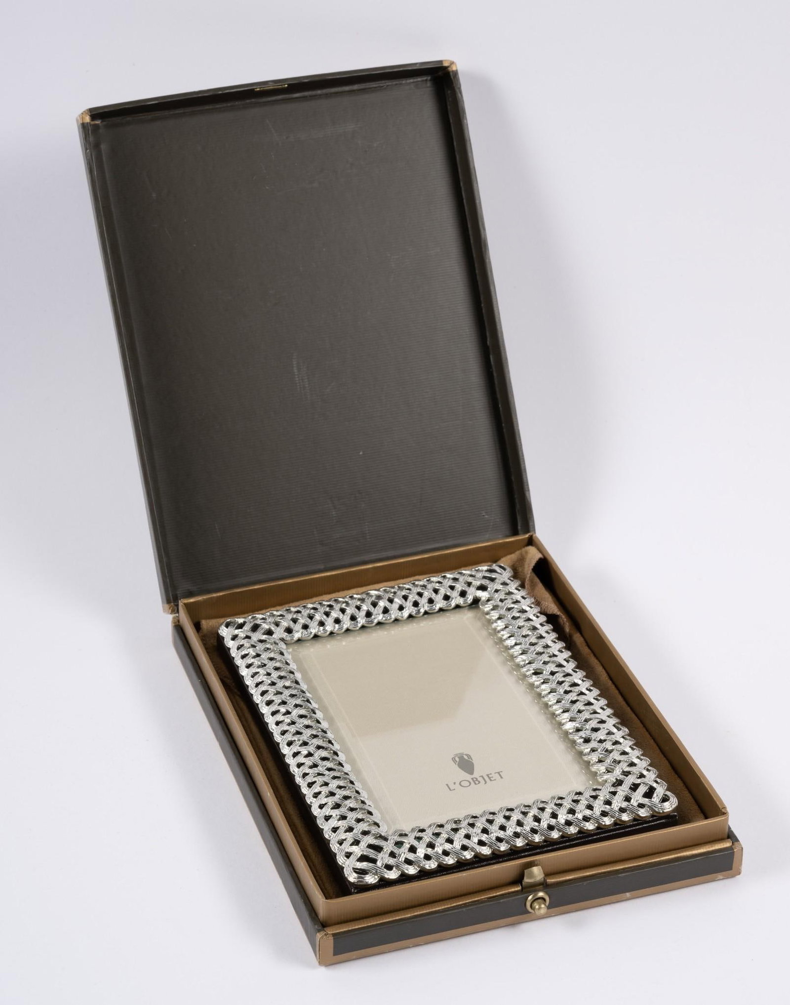 L'Objet Platinum Frame in OB: Model F3500S. Woven bevel frame. Frame 5-3/4" wide x 7-5/8" long.