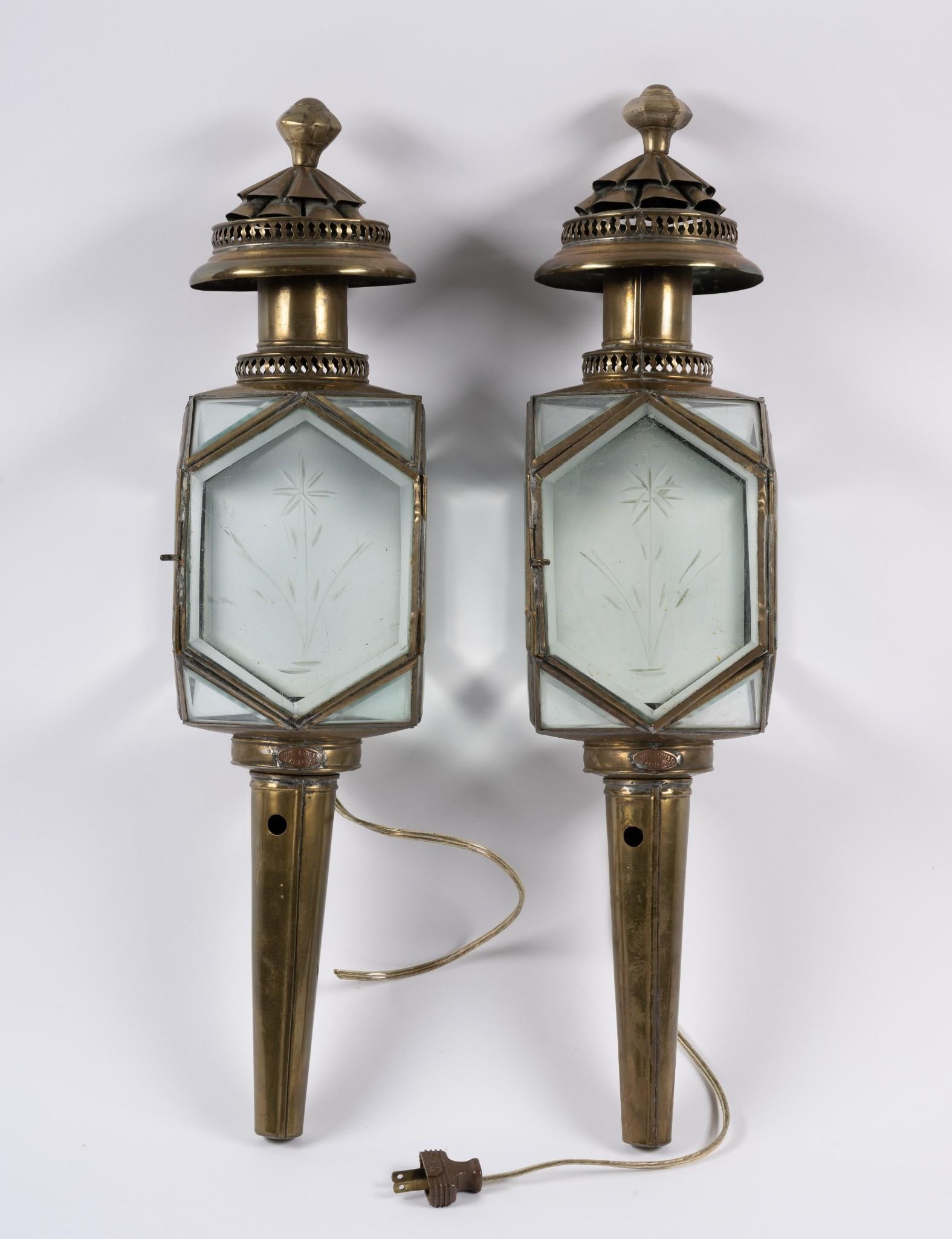 2 Electified Carriage Lamps: Both 7" wide x 22-1/4" long. One cord cut.