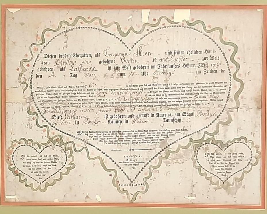Friederich Krebs Triple Heart Fraktur: NOT ELIGIBLE FOR IN-HOUSE SHIPPING. Friederich Krebs (1749 - 1815) was active/lived in Pennsylvania. Friederich Krebs is known for Painting. Sight: 11-3/4" high x 15-1/2" wide. Overall with frame: 18-