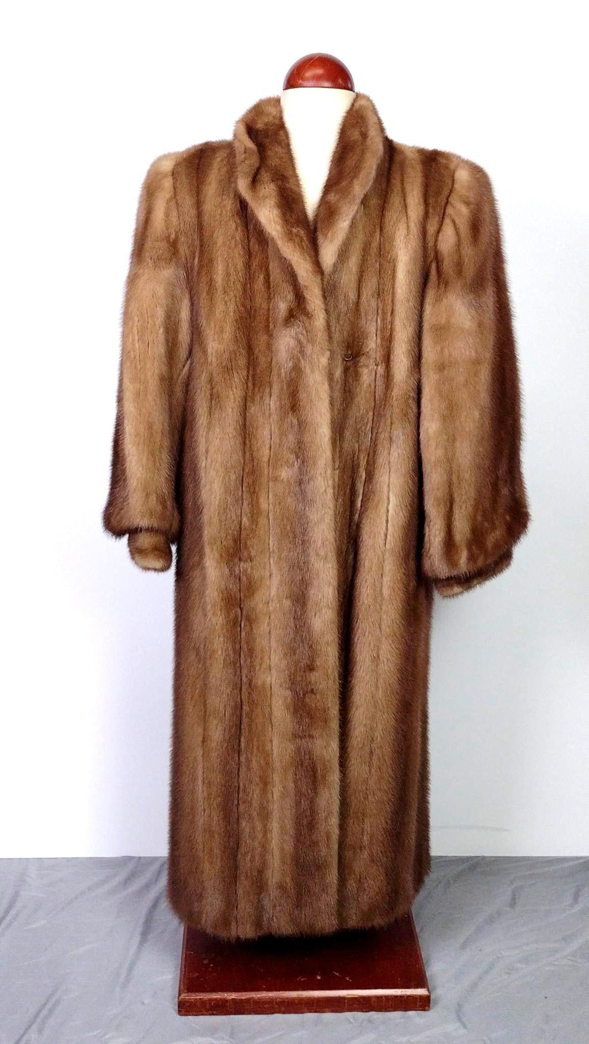 Mink Full Length Fur Coat: NOT ELIGIBLE FOR IN-HOUSE SHIPPING. Muscalus Furs in Harrisburg, PA. 19" shoulder width x 48" total length. 21" sleeve.