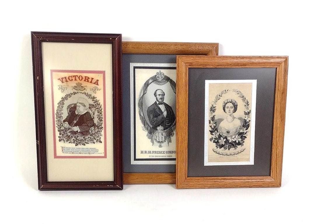 3 Pcs Victorian Needlework: NOT ELIGIBLE FOR IN-HOUSE SHIPPING. Includes Queen Victoria, Prince Albert, and Princess Alice. All framed. Overall 12-1/2" to 13" long x 7" to 10" wide.