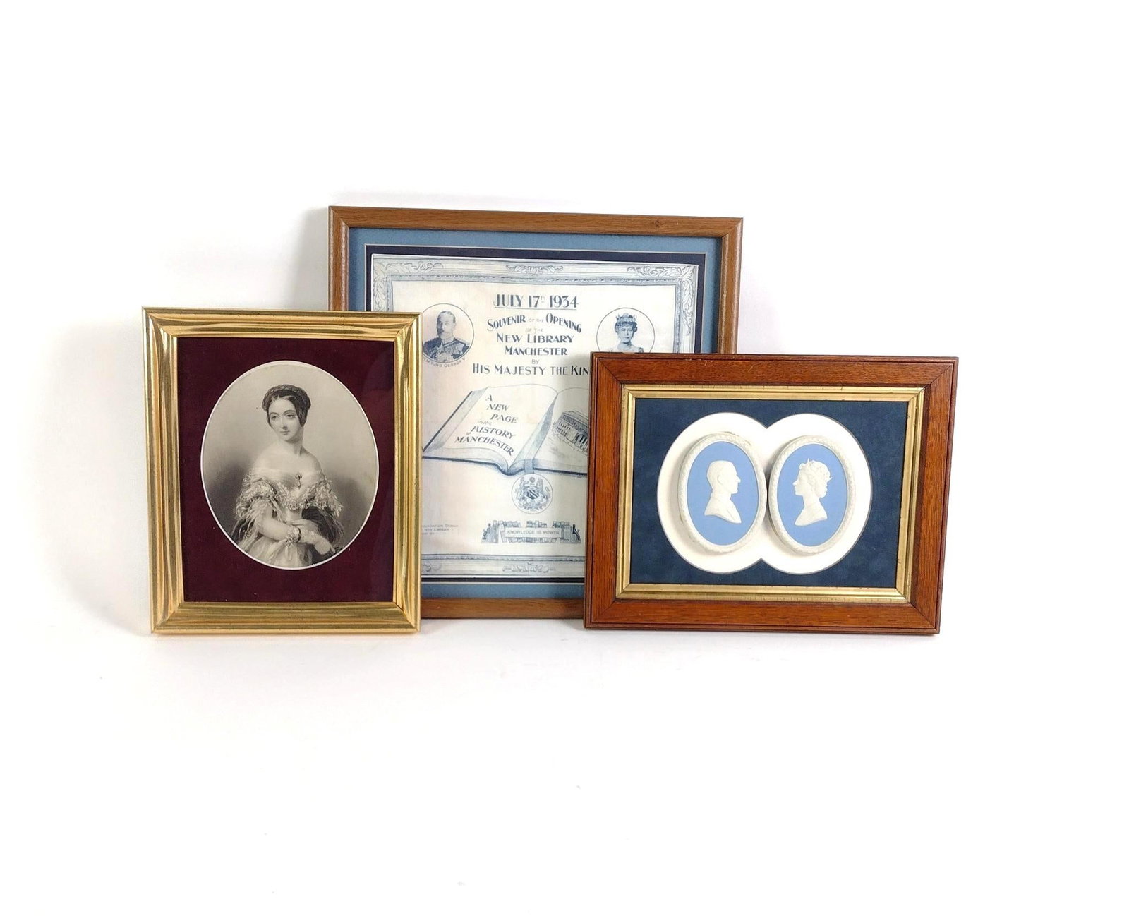3 Framed Royal Pcs incl Handkerchief and Wedgwood: Includes Queen Victoria; Queen Elizabeth II and Prince Philip; and King George V. 11-1/2" to 15" long x 9-3/4" to 15" wide.
