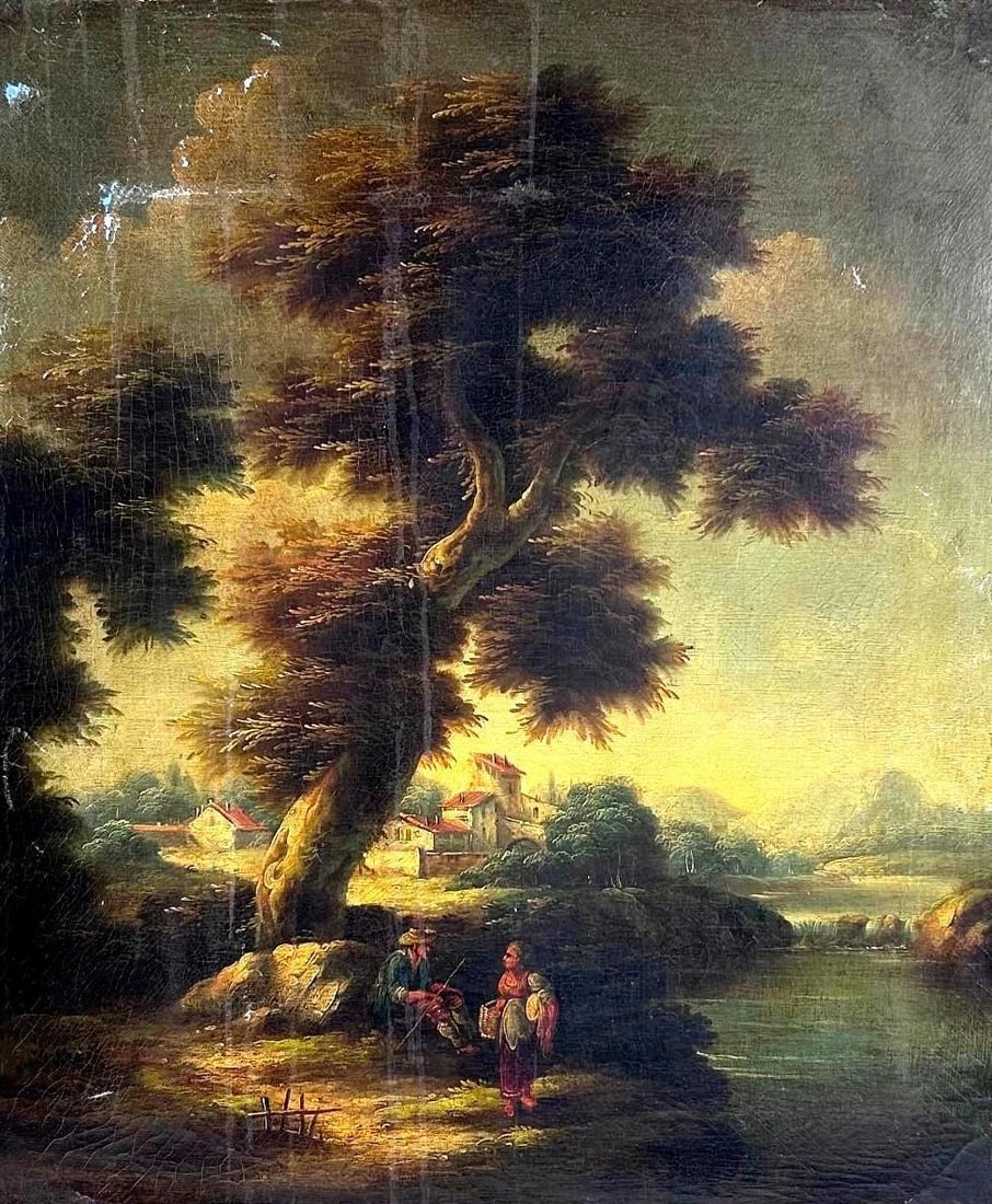 Antique D. Boson Creek Fishing Painting: NOT ELIGIBLE FOR IN-HOUSE SHIPPING. Sight: 29" high x 25" wide. Overall with frame: 37" high x 32-1/2" wide. Heavy losses to frame. Some impressions and paint losses to canvas.