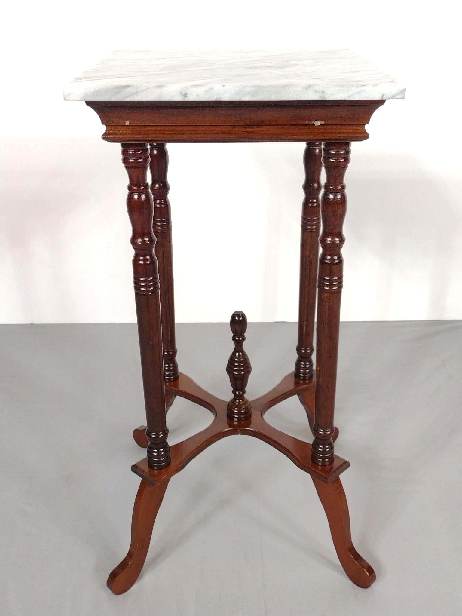 Marble Top Occasional Table: NOT ELIGIBLE FOR IN-HOUSE SHIPPING. 15" wide X 15" deep X 29" high. Has a few light scratches. No manufactures name found.