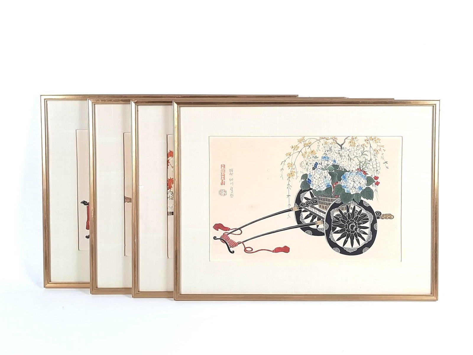 4 Asian Cart Paintings: NOT ELIGIBLE FOR IN-HOUSE SHIPPING. All carts with flowers. All stamped. Sight for all 10" high x 15" wide. Overall 20-3/4" to 22-1/5" high x 16" wide.