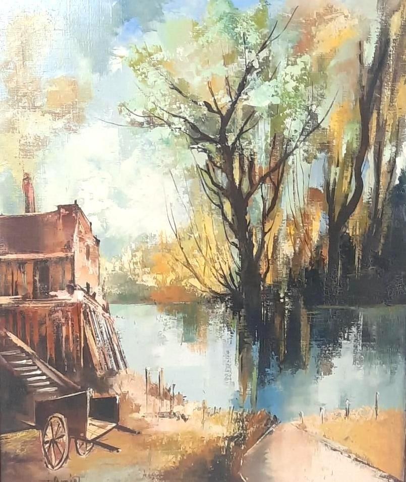 T. Arloiol Country Boat Launch Scene Painting: NOT ELIGIBLE FOR IN-HOUSE SHIPPING. Oil on canvas. Signed T. Arloiol lower left. Sight 20-1/2" high x 19-1/4" wide. 28" high x 23-1/2" wide.