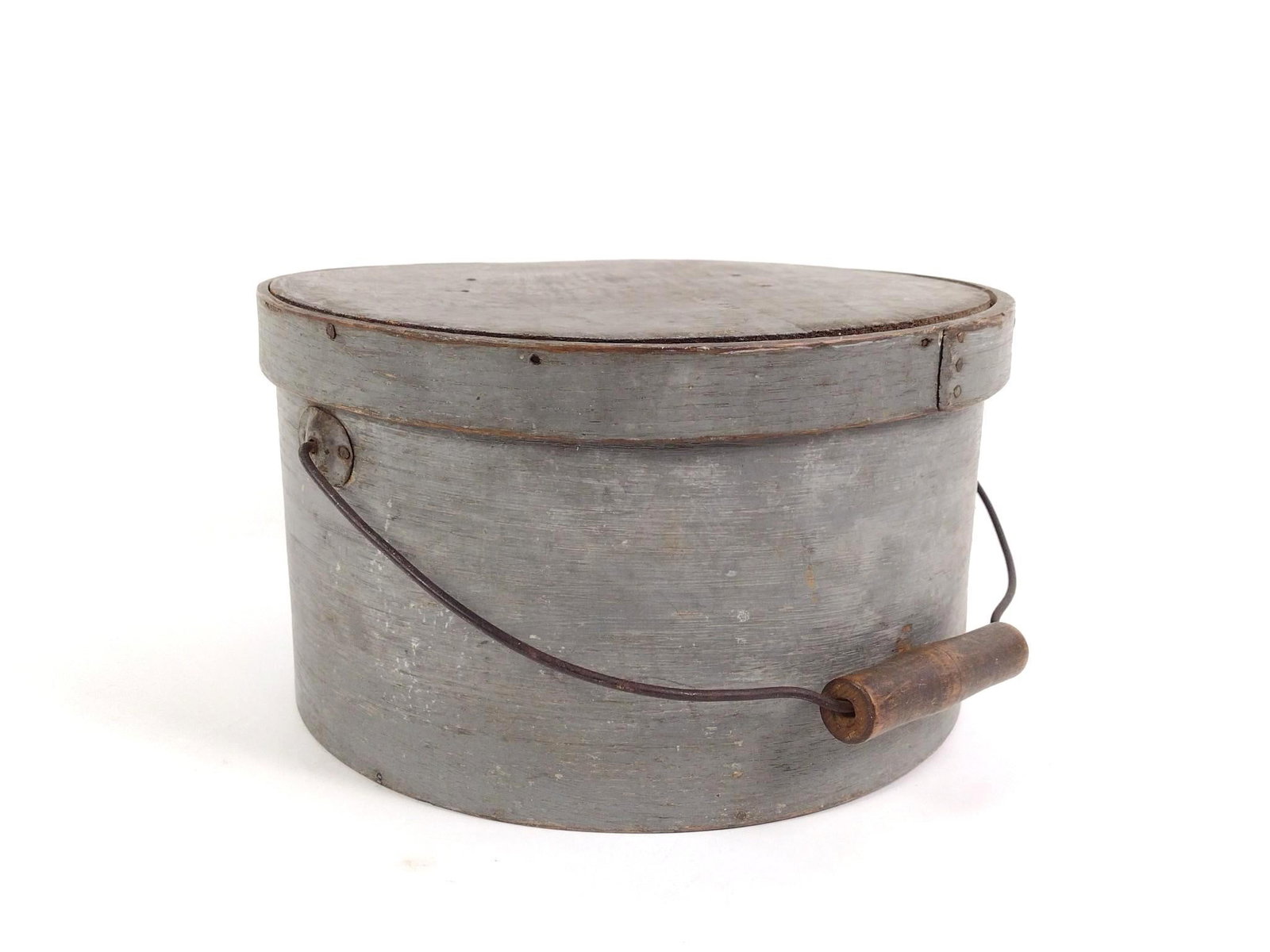 Painted Banded Box: 11” round x 6-1/2” height with wire and wood handle.