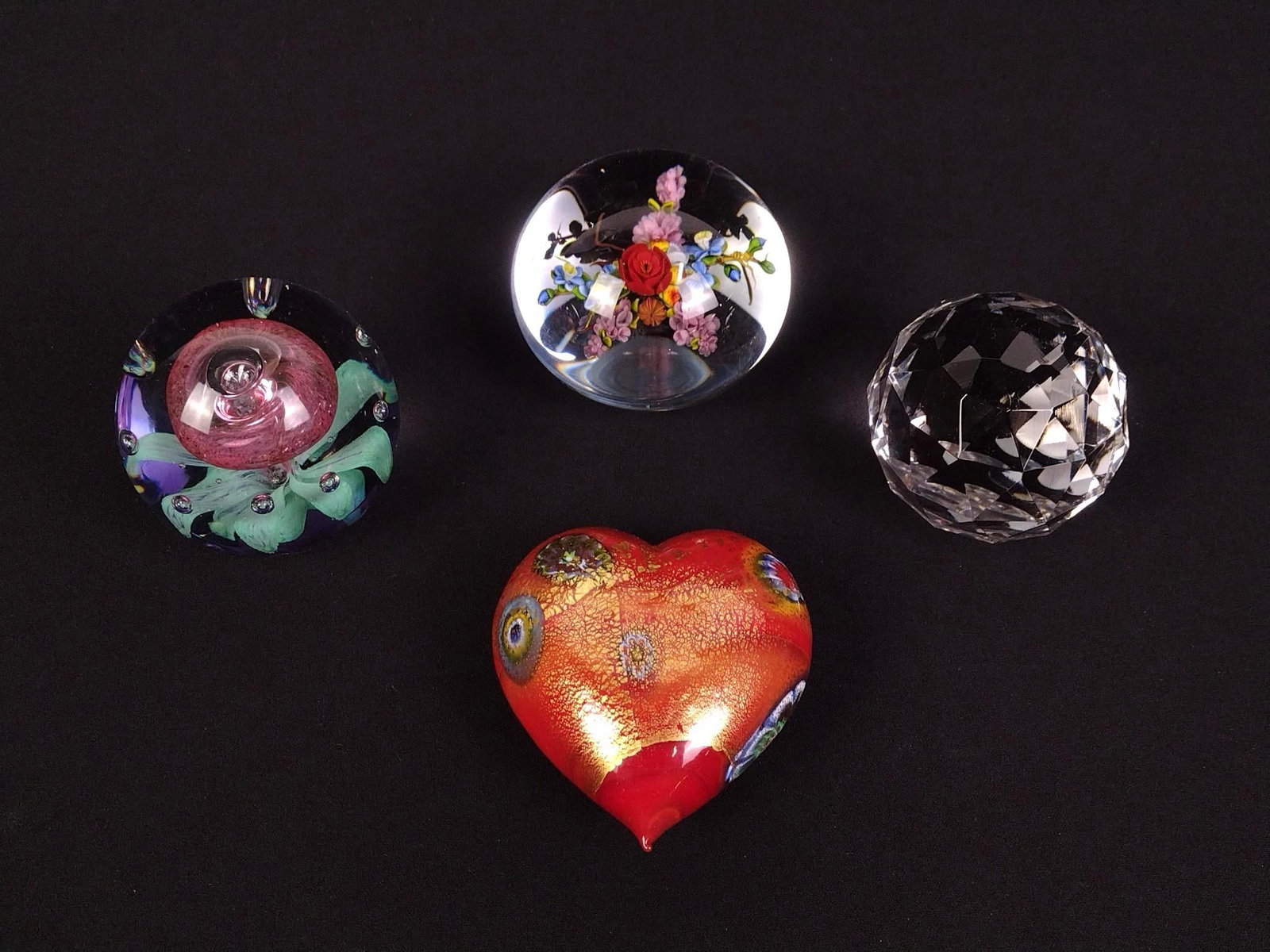 3 Glass Paperweights & Glass Heart incl Mayauel Ward: Paperweights include flowers Mayauel Ward. 2-1/2" to 3-1/2" diameter.