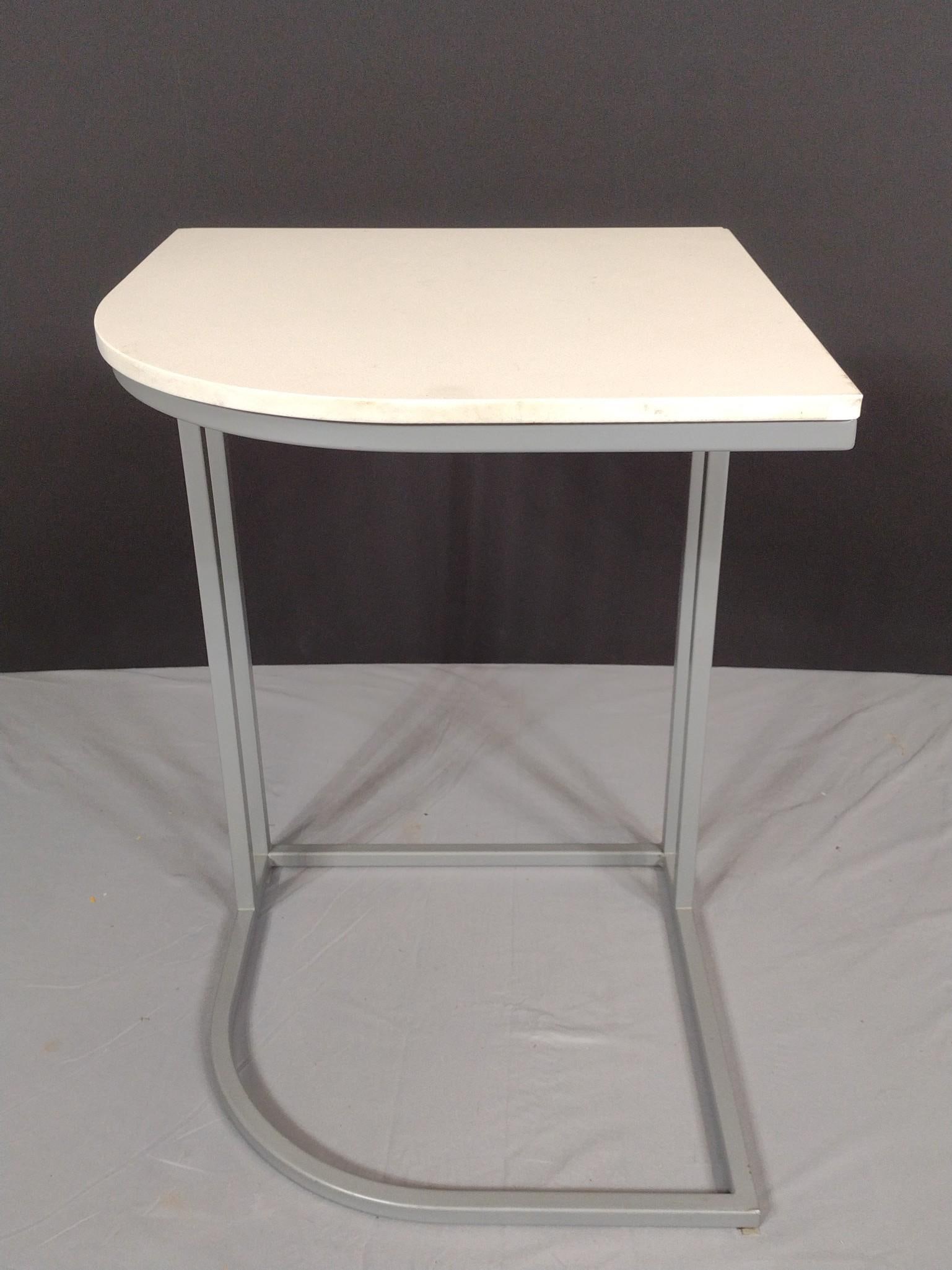 Modernist Side Table: NOT ELIGIBLE FOR IN-HOUSE SHIPPING. 18" wide X 18" deep X 25-1/4" high. No manufactures name found. Top has small chip on back corner