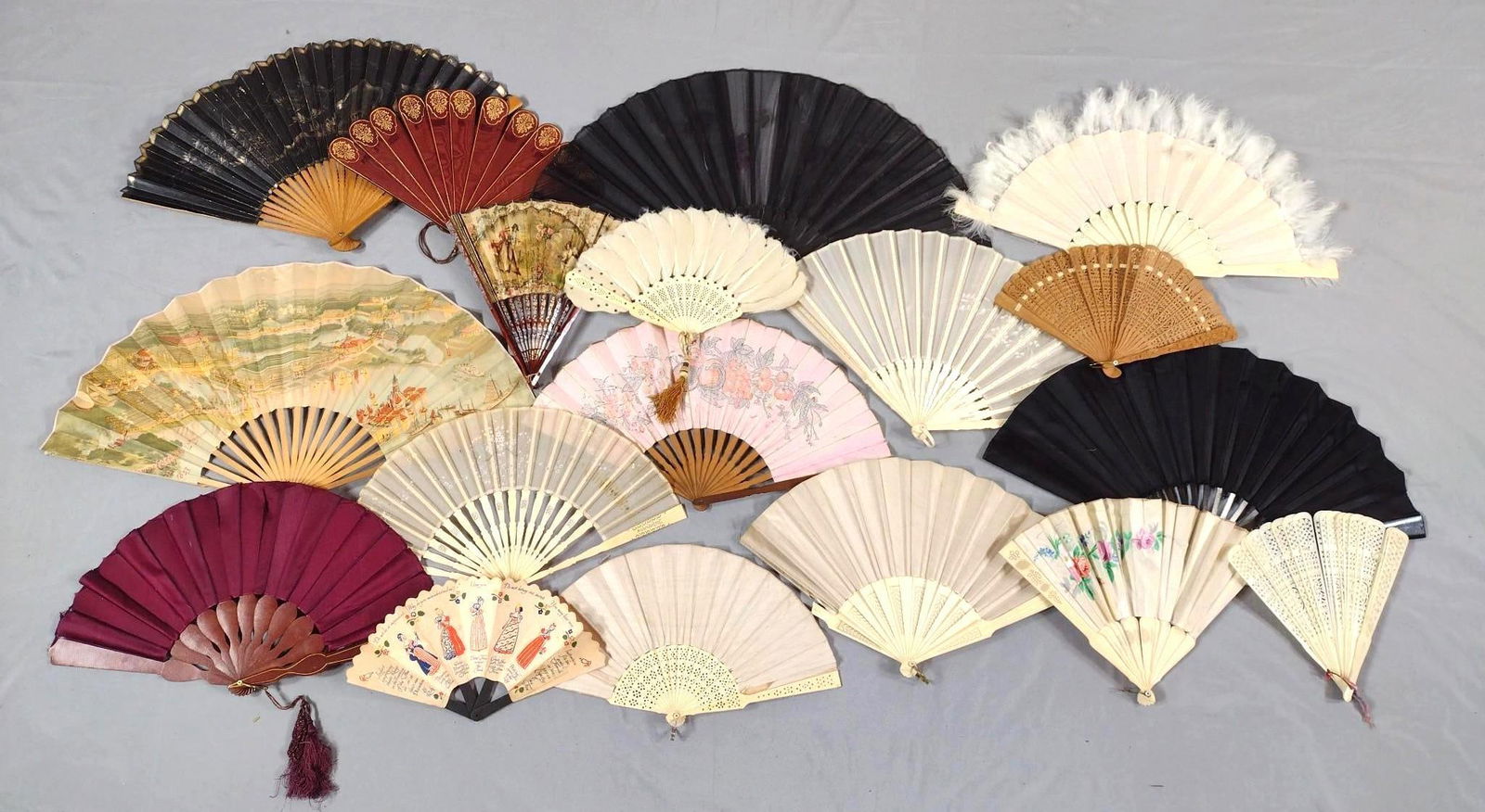 18 Hand Fans: Includes painted, fabric, woodcut, and more.