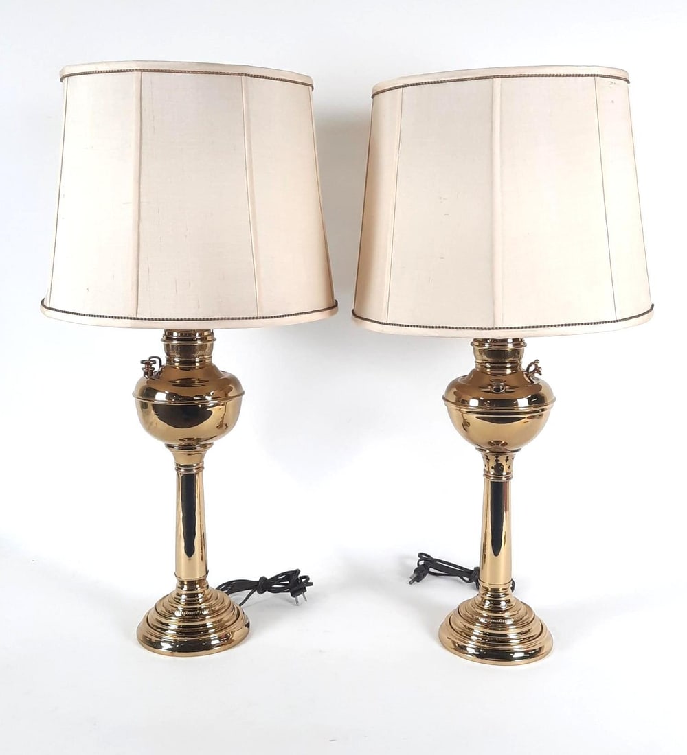 2 Antique Banquet Lamps: NOT ELIGIBLE FOR IN-HOUSE SHIPPING. Working. Each overall with shade: 16" diameter x 32-1/2" high.