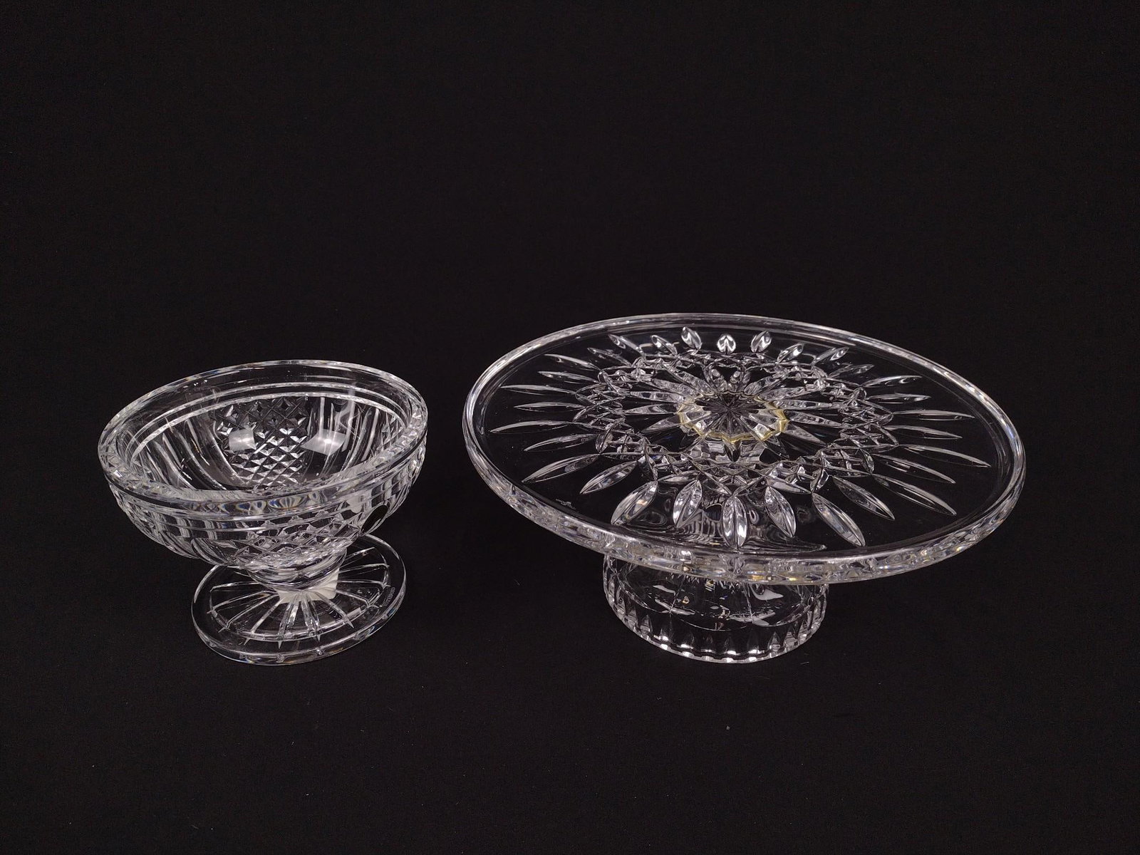 Waterford Cake Plate and Bowl: 6-1/4" to 11" diameter x 4-1/2" high. Both with original box. Yellowing to cake plate where top connects to base.