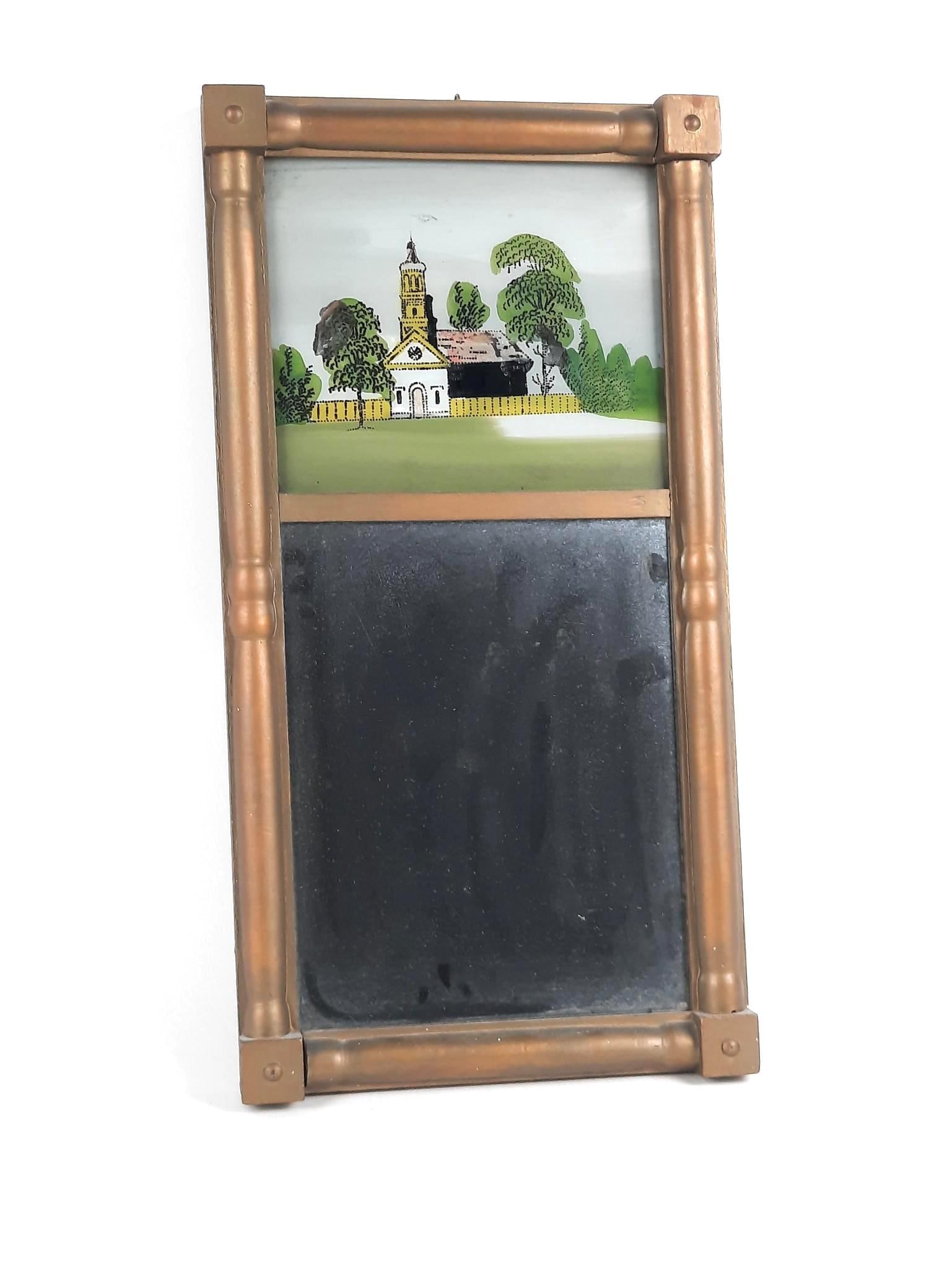 Vintage Mirror with Reverse Painted Panel of Chapel (1 of 2)