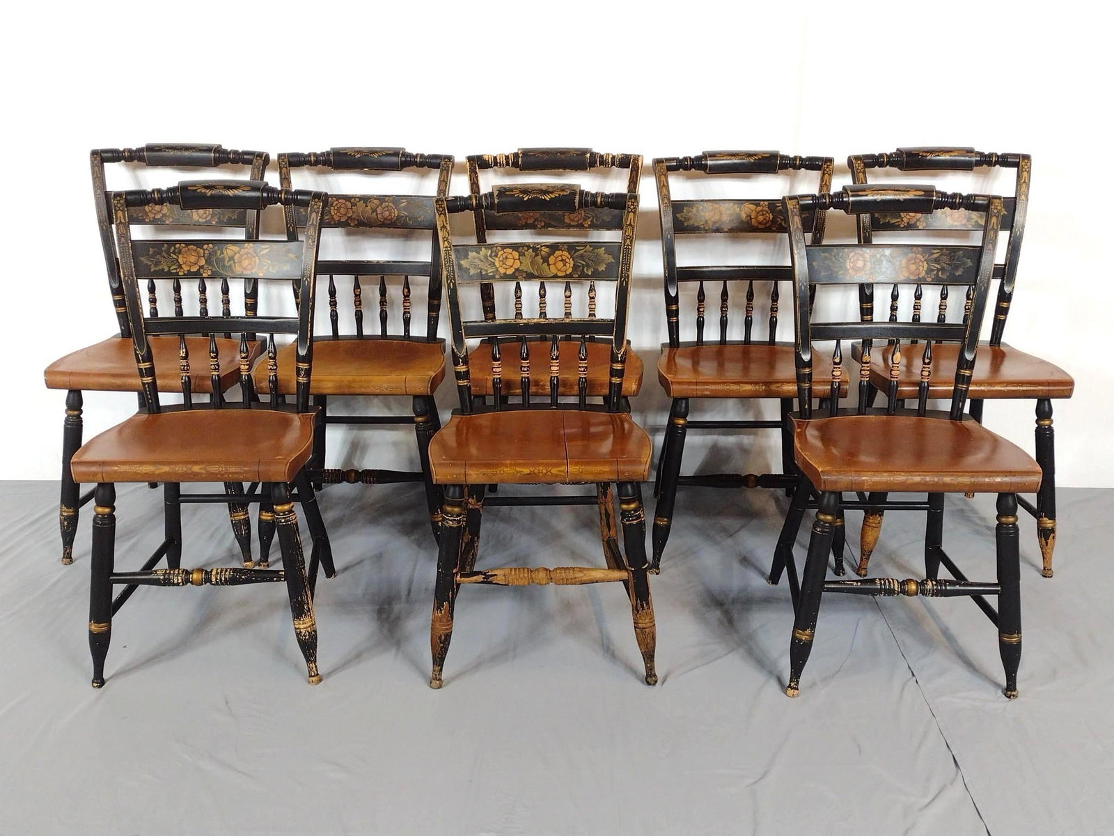 8 Hitchcock Chairs: NOT ELIGIBLE FOR IN-HOUSE SHIPPING. Each 15-1/2" wide X 15-1/2" deep X 33-1/2" high. All Chairs have some level of paint loss.