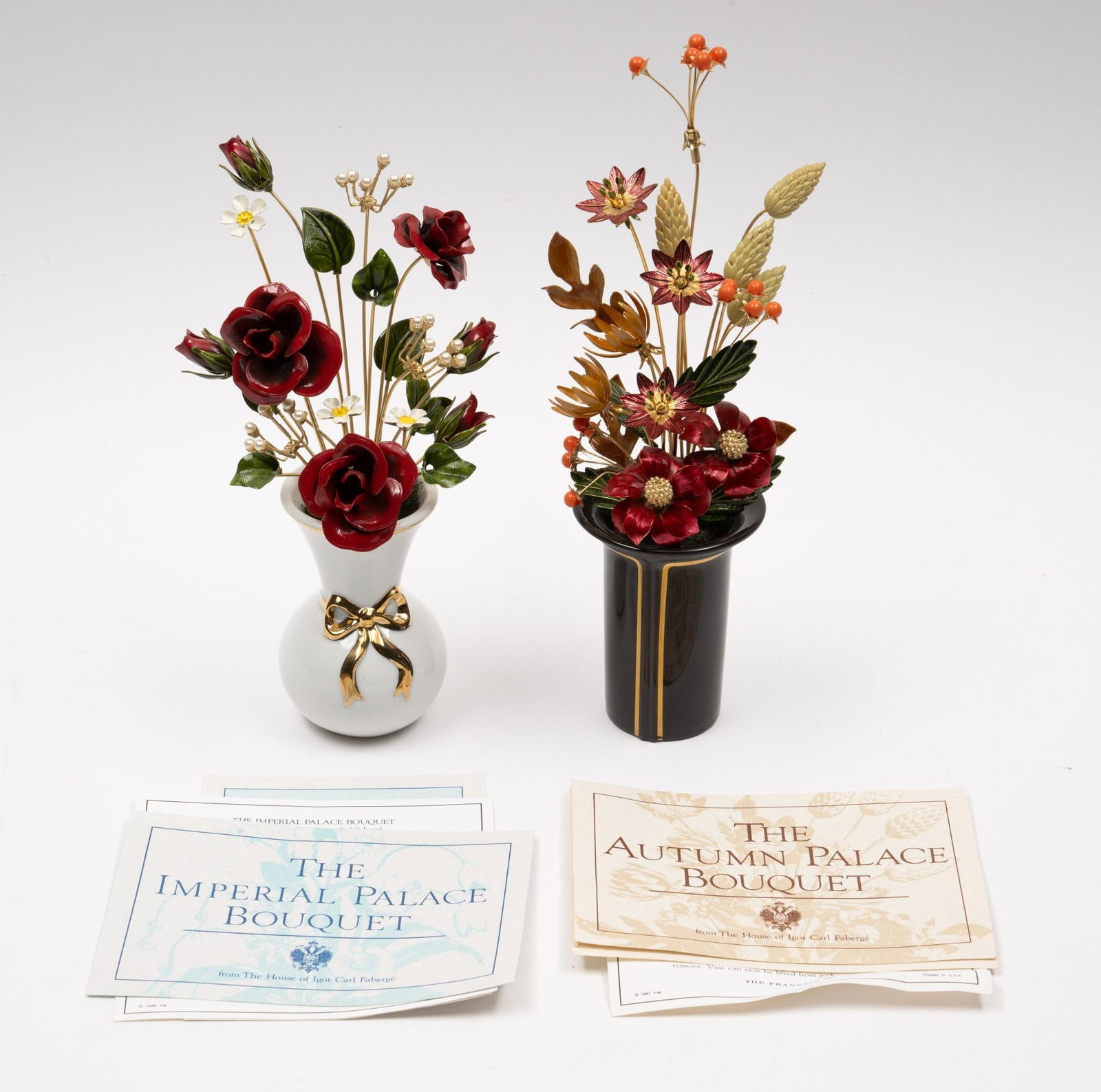 2 Franklin Mint Decorative Bouquets: Includes The Imperial Palace Bouquet and The Autumn Palace Bouquet. 2-1/4" to 2-1/2" wide x 9-1/2" to 10-1/4" high.