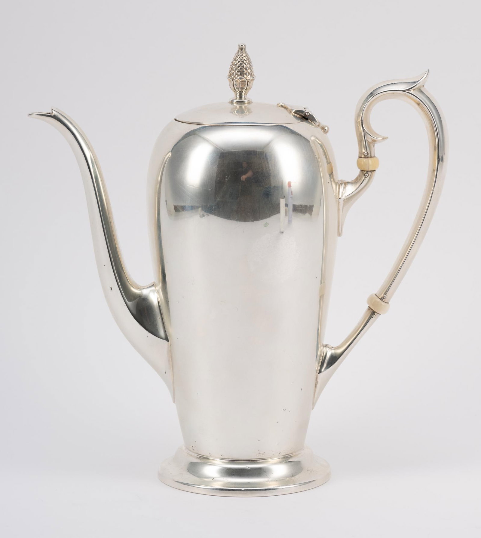 Sterling Silver Coffee Pot: Pineapple finial, hallmarked. 1-1/2 pints. 8” high, 15.6 ozt.