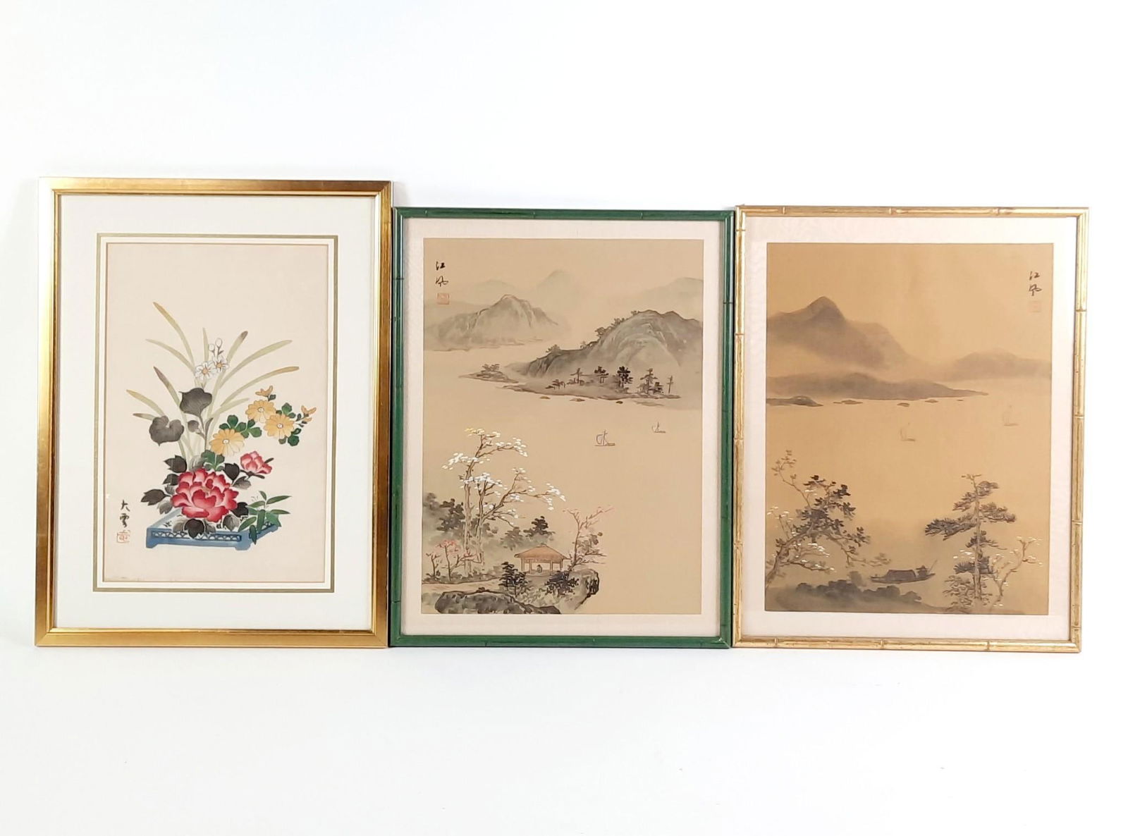 3 Asian Paintings on Linen: NOT ELIGIBLE FOR IN-HOUSE SHIPPING. Sight: 14" to 15-3/4" high x 9" to 11-1/2" wide. Overall with frame: 18-3/4" to 19-3/4" high x 14-1/2" to 14-3/4" wide.