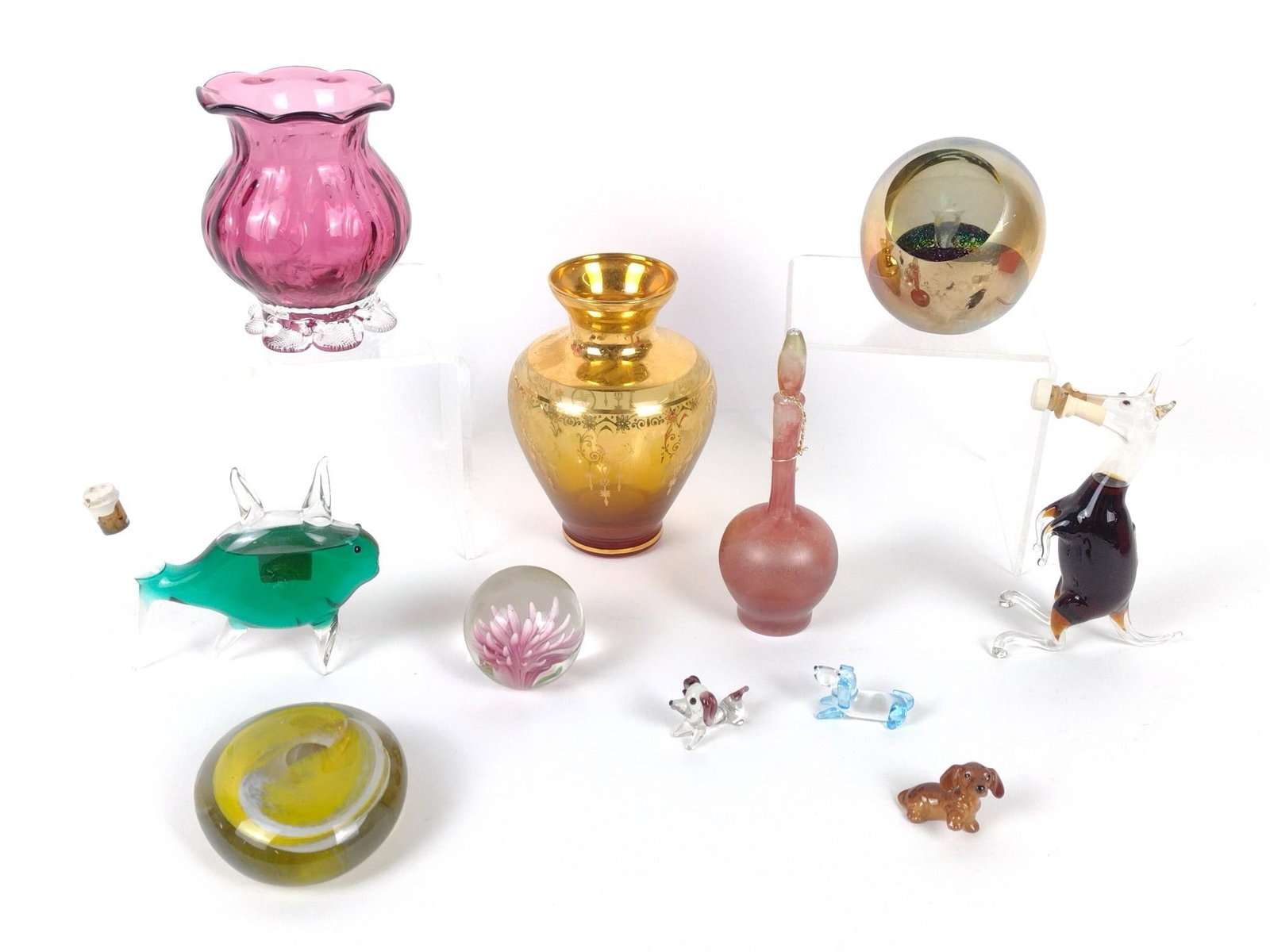 10 Pcs Art Glass Incl Paper Weights: 3/4" to 5" high.