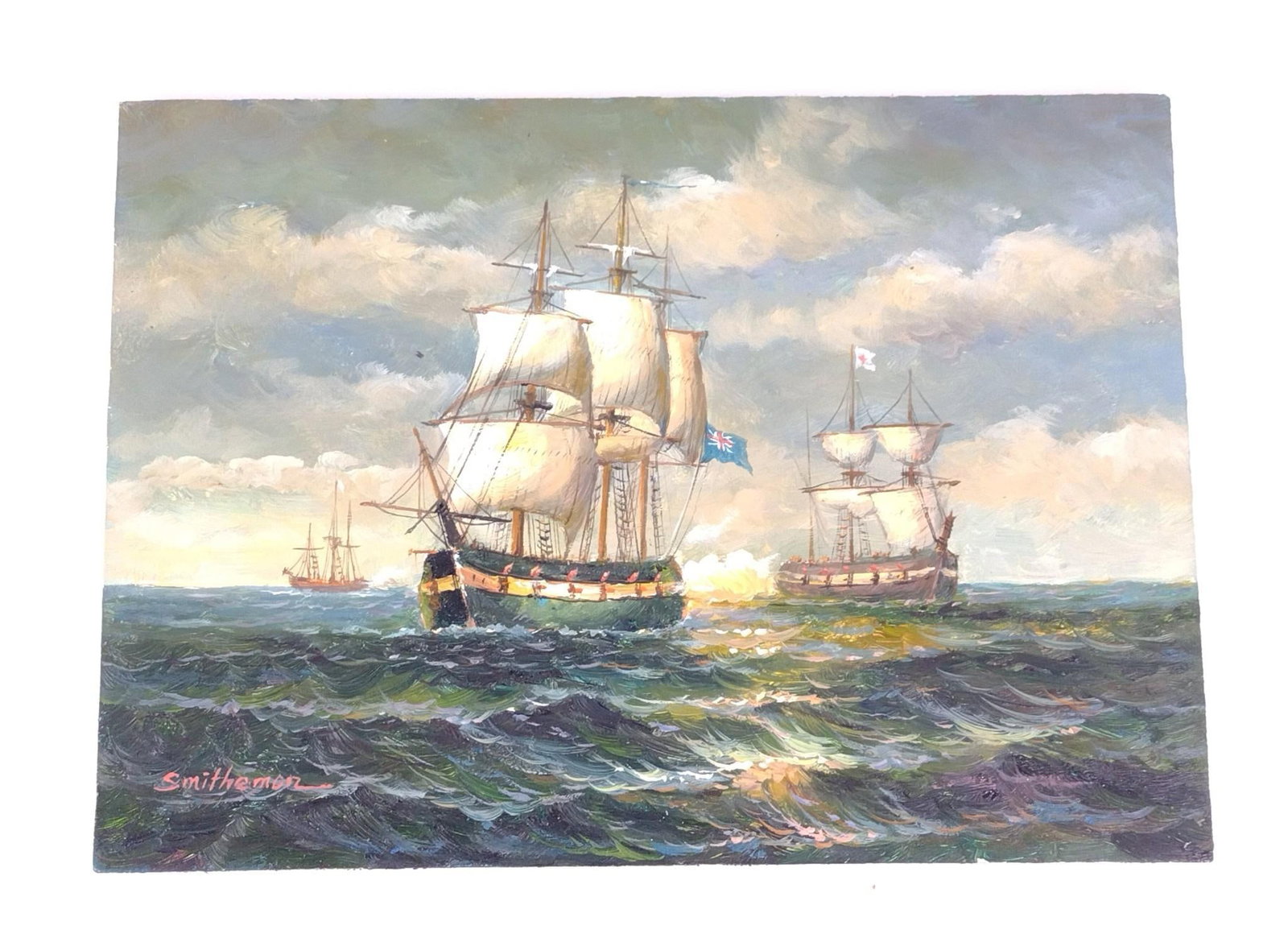 Smithemor Tall Ship Miniature Painting: Painting on wood. Overall 7" wide X 5" high.