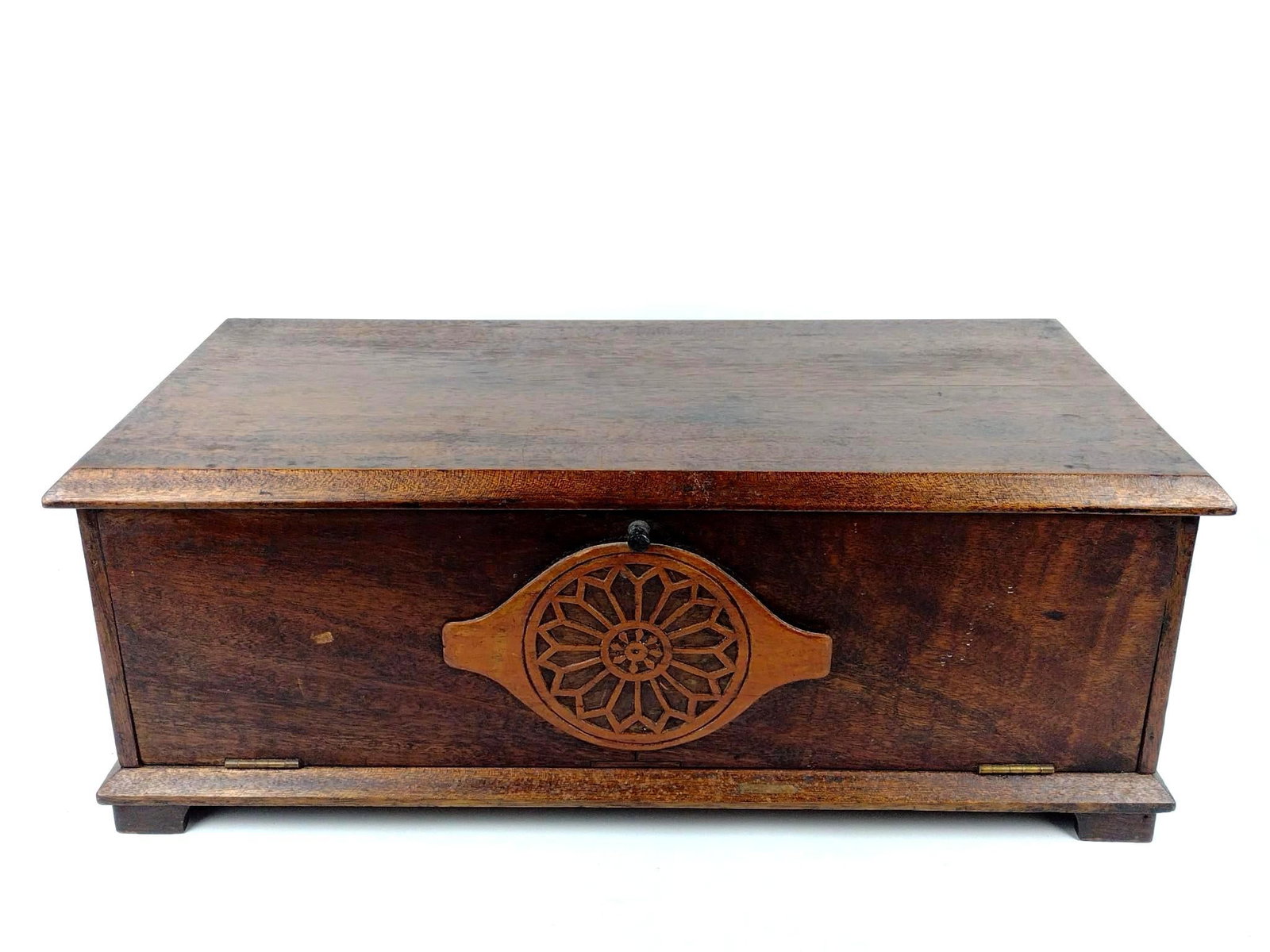 Small Chest with Carved Medallion Decoration: NOT ELIGIBLE FOR IN-HOUSE SHIPPING. 26" wide X 13" deep X 9-3/4" high.