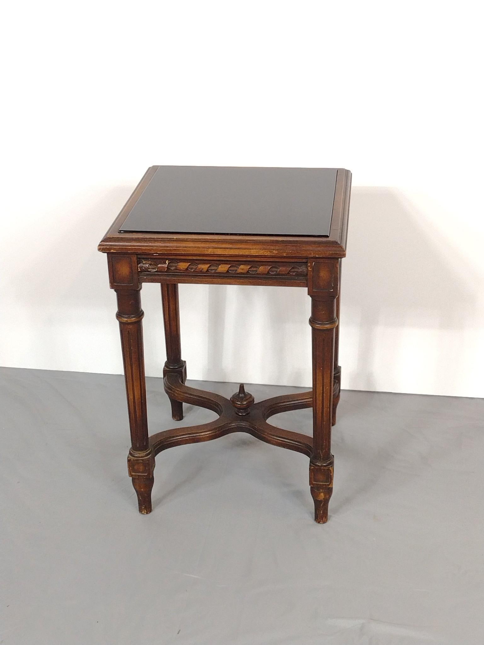 Side Table with Black Glass Top: NOT ELIGIBLE FOR IN-HOUSE SHIPPING. 14-3/4" wide X 14-3/4" deep X 21" high. Some scratches to Glass. Some finish loss to wood frame.