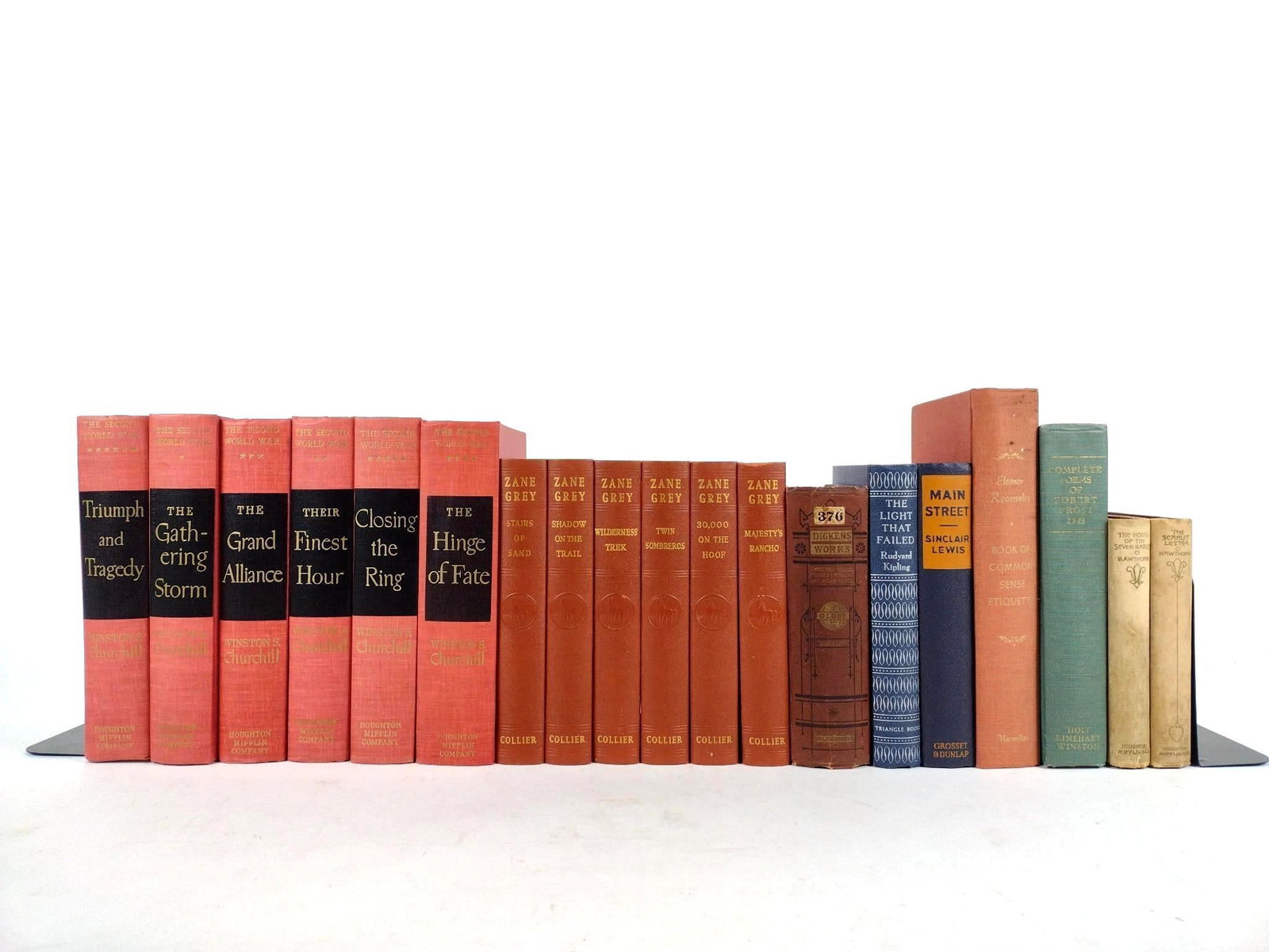 19 Books Incl Winston Churchill: NOT ELIGIBLE FOR IN-HOUSE SHIPPING. Also includes Zane Grey, Dickens and more.