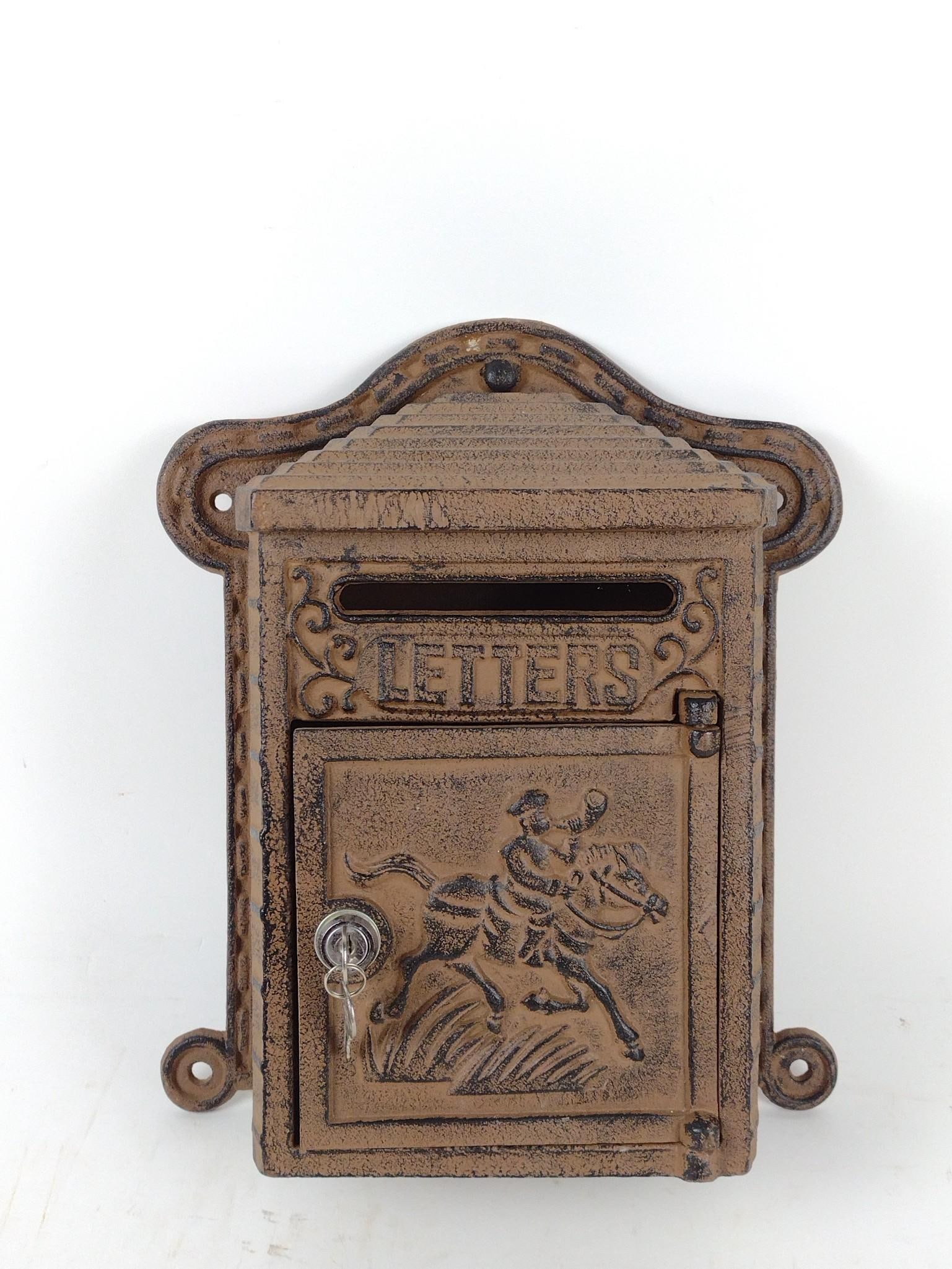 Cast Metal Lockable Mail Box: 20th century. 11-1/2" wide X 4-3/4" deep X 13-1/2" high.