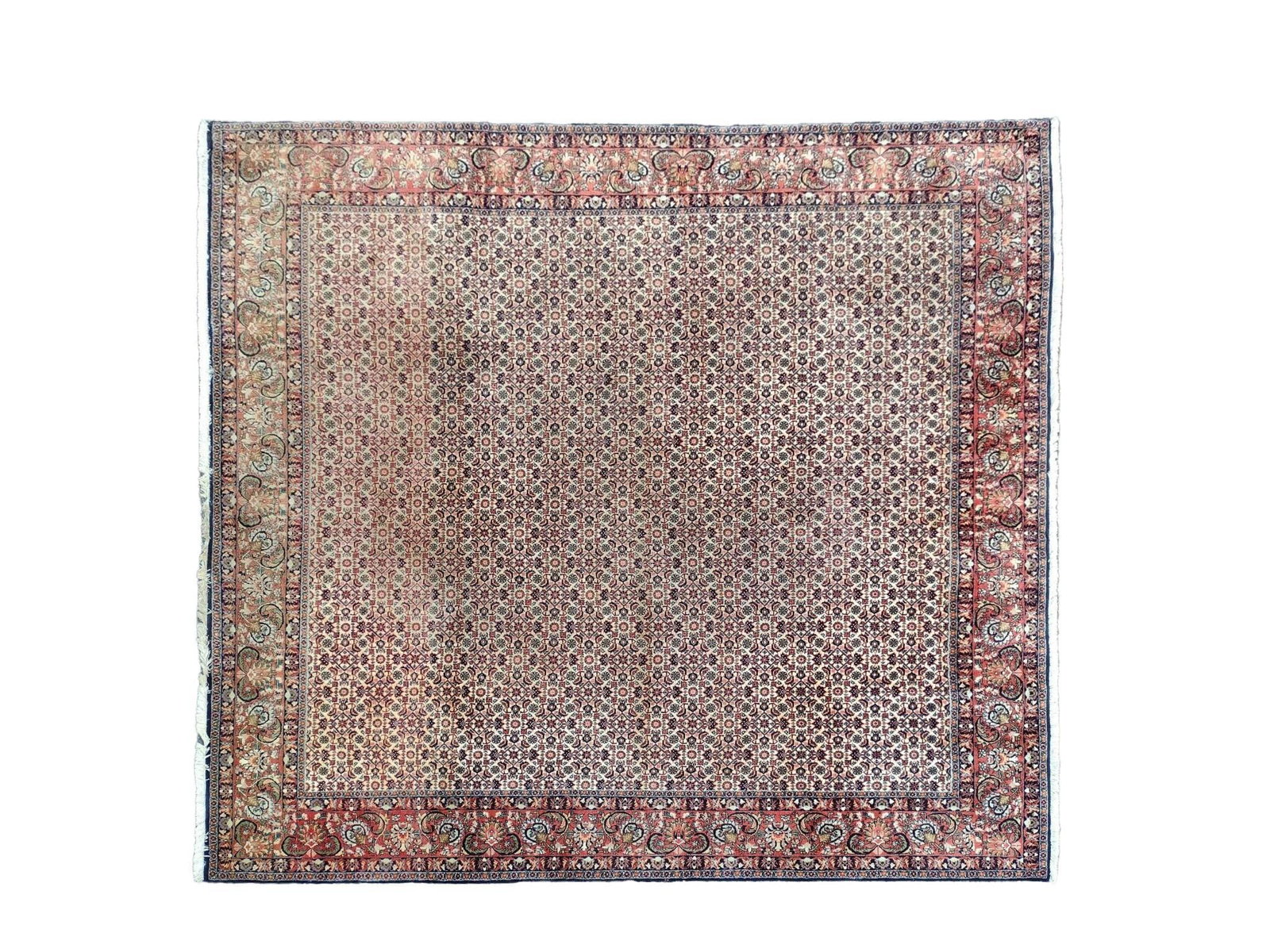 Persian Khorasan Room Size Rug: NOT ELIGIBLE FOR IN-HOUSE SHIPPING. 100% wool. 9'10" x 8' 4". Some discoloration and trim cut.