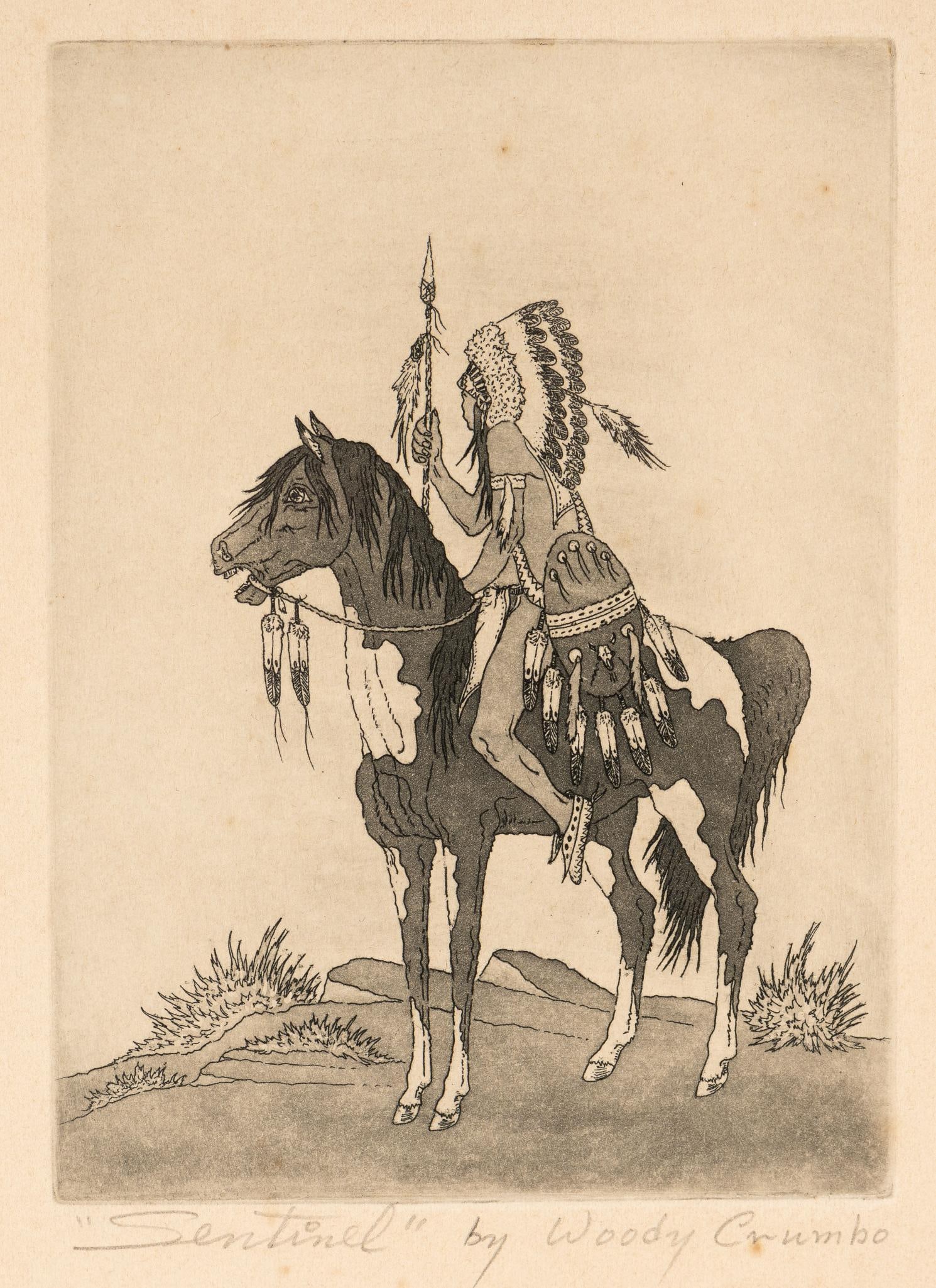 "Sentinel" Woody Crumbo (1912-1989) Etching: NOT ELIGIBLE FOR IN-HOUSE SHIPPING Woodrow "Woody" Crumbo (Patowatomi) was an artist who's work sits in the Smithsonian Institute and the Metropolitan Museum of Art. In 1978, he was inducted in to the