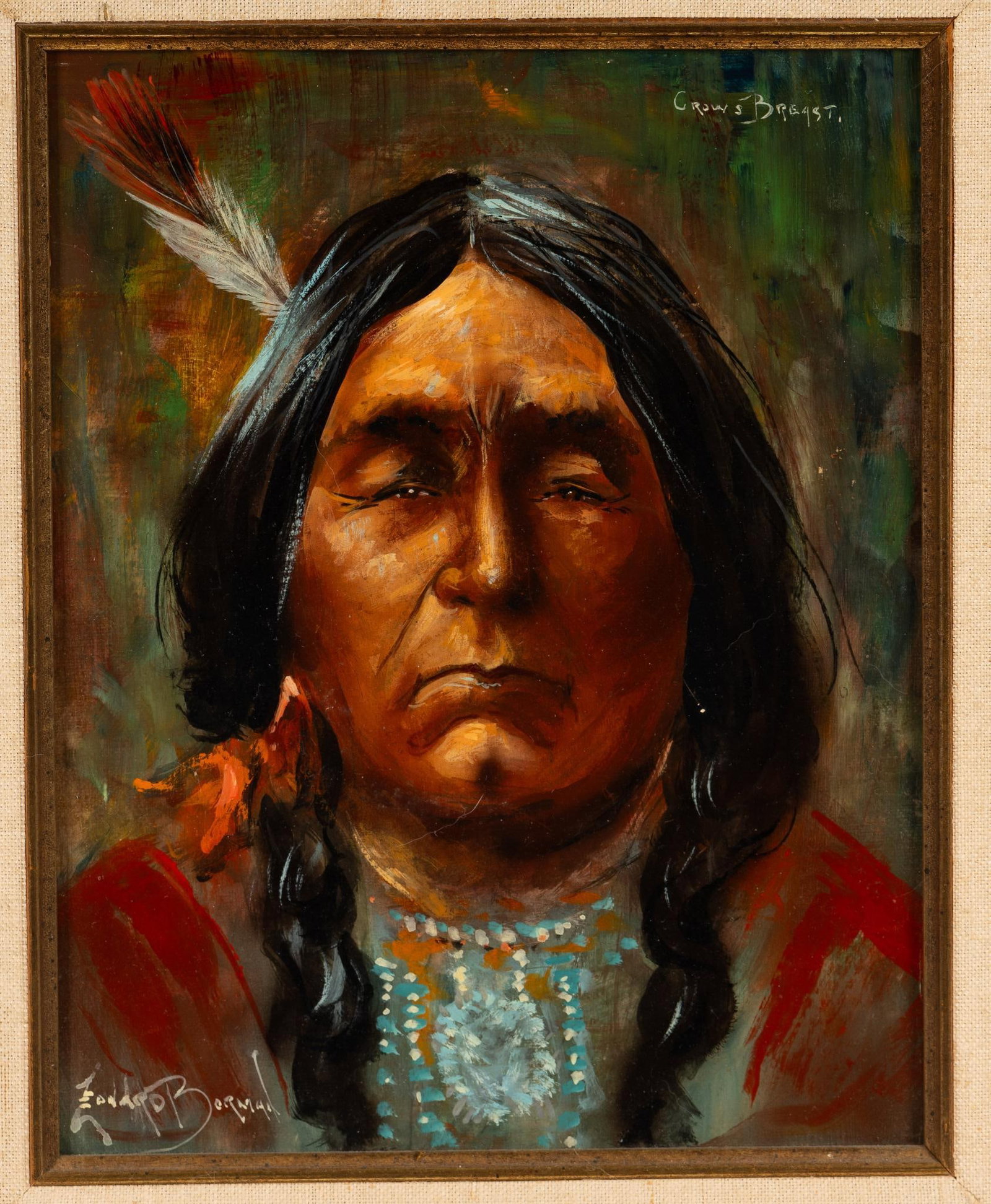 Leonard Borman (1894-1995) "Crow's Breast" Oil Painting: NOT ELIGIBLE FOR IN-HOUSE SHIPPING. Leonard Borman (1894-1995) began painting in 1917 after receiving an injury as a Canadian soldier. 9-1/2" x 7-1/2" with overall 20-1/4" to 18-1/4".