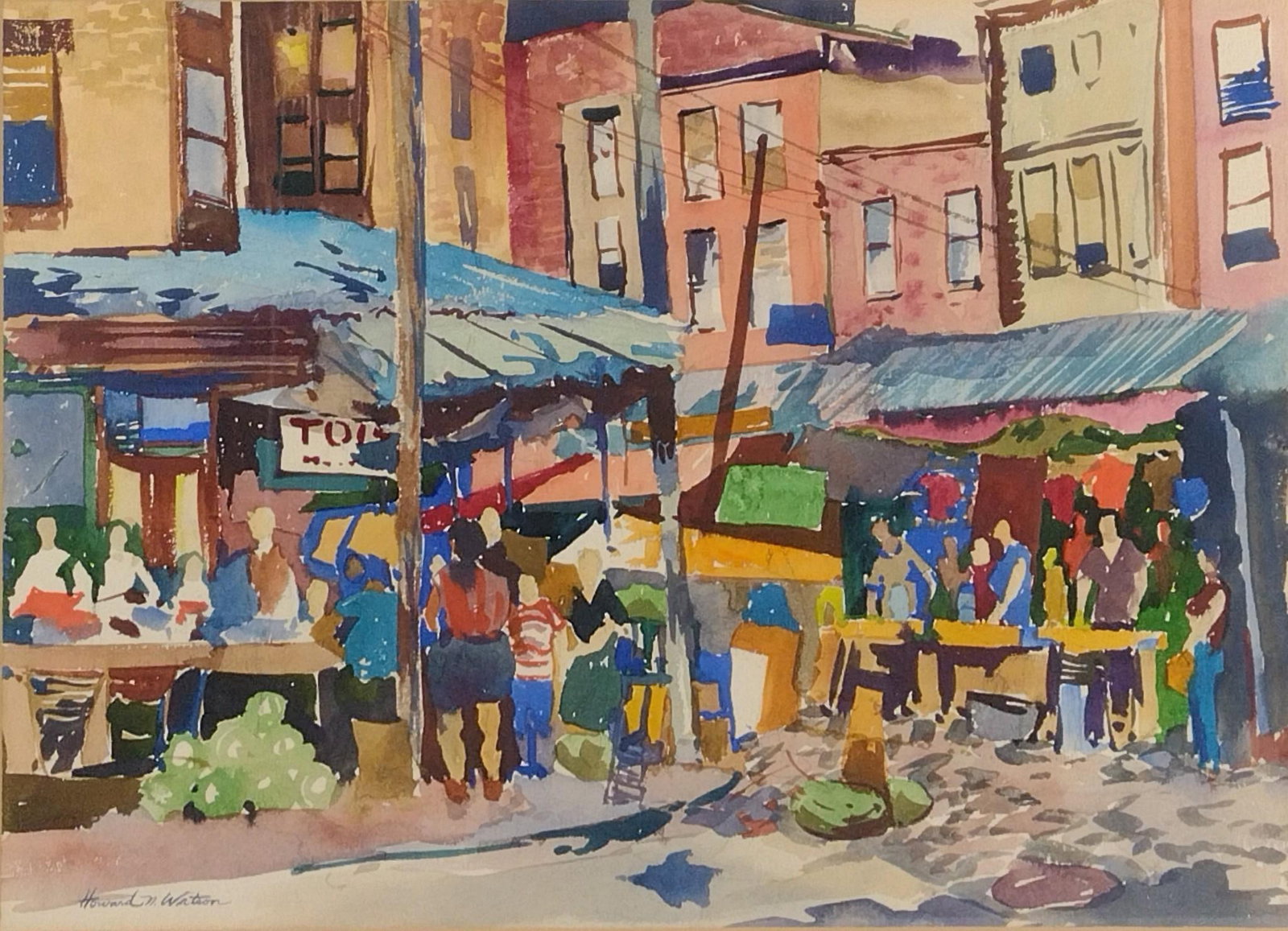 Howard Watson Street Market Watercolor: Sight 19-1/2" wide X 14-1/2" high. Overall with frame 30" wide X 25-1/2" high.