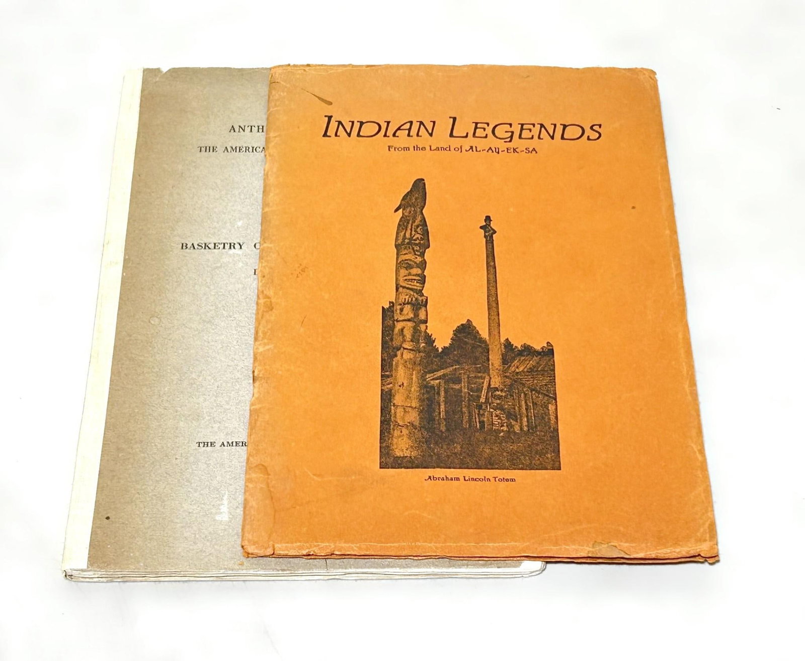 2 Native American Publications: (1) Indian Legends: From the Land of Al-Ay-Ek-Sa by: Harriet Rossiter (published Ketchikan Alaska Chronicle); (2) Anthropological Papers of the American Museum of Natural History "Basketry of the San 