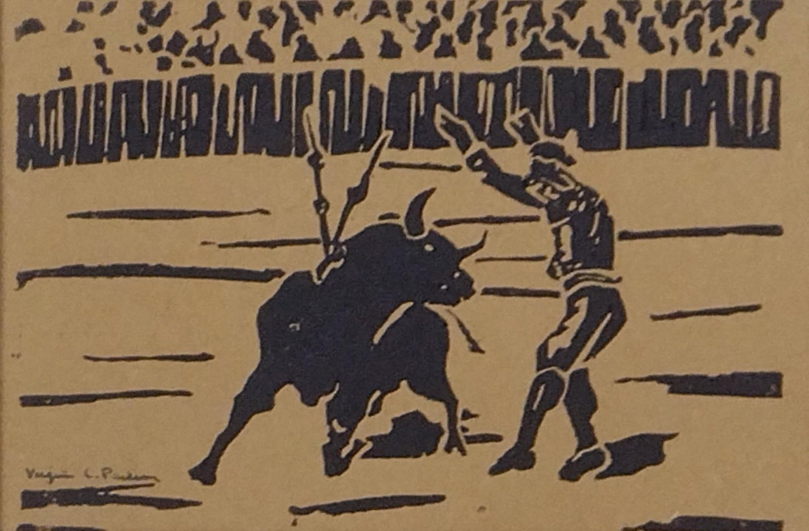 Virginia Cohn Parkum "Torro" Linoleum Block Print: NOT ELIGIBLE FOR IN-HOUSE SHIPPING. Sight: 4-1/2" high x 6-1/2" wide. Overall with frame: 11-1/4" high x 13-1/4" wide.