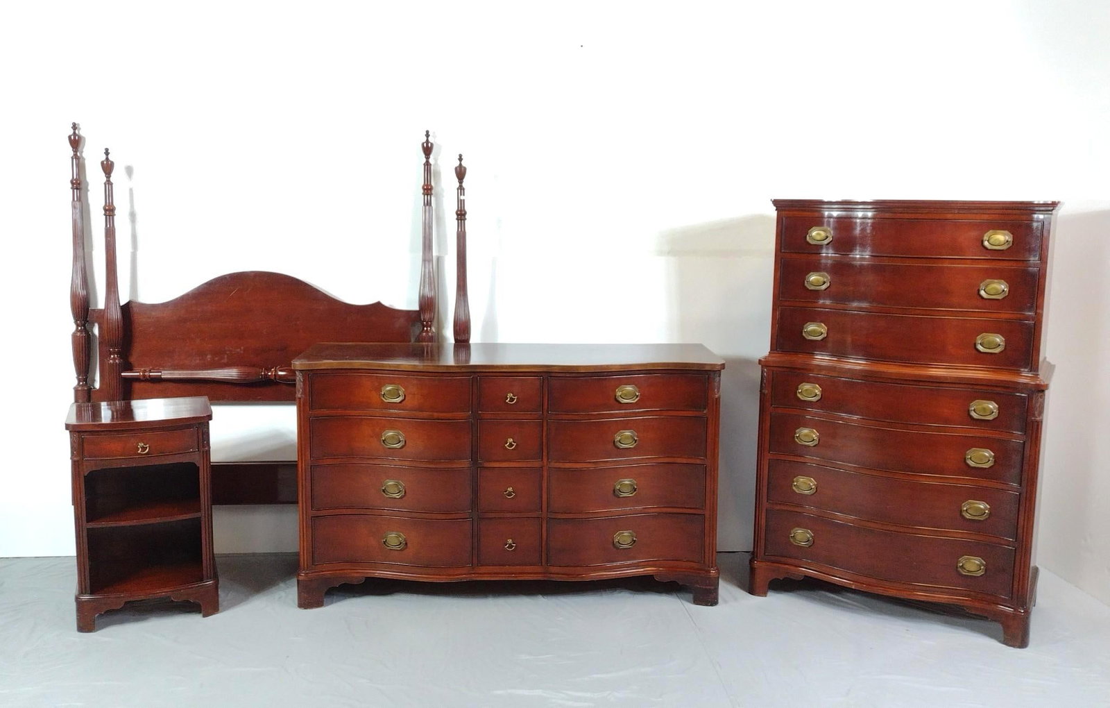 4 Pc Morgantown Bedroom Set: NOT ELIGIBLE FOR IN-HOUSE SHIPPING. Bed 56" wide X 82" deep X 68" high. Dresser 60" wide X 21" deep X 36" high. Tall Chest 37" wide X 19" deep X 57-1/2" high. 18" wide X 15" deep X 28" high. All have 