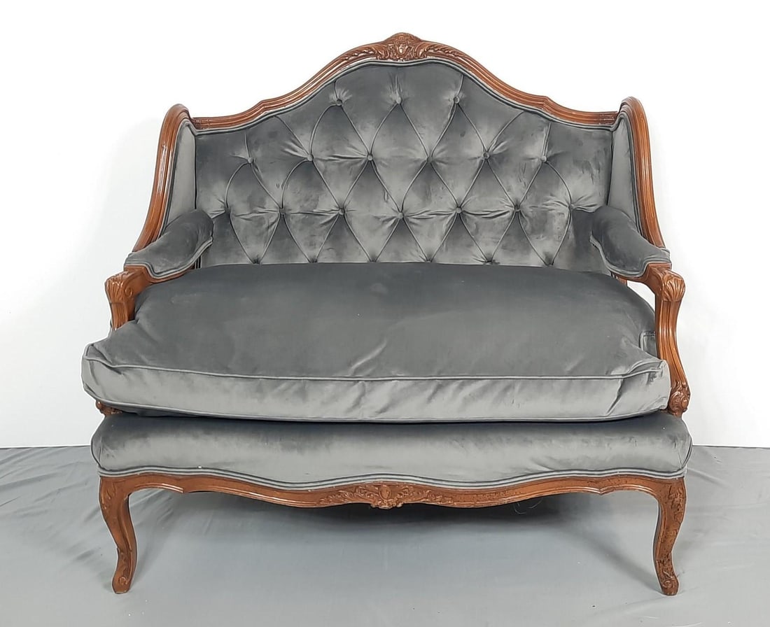 Victorian Tufted Back Loveseat: NOT ELIGIBLE FOR IN-HOUSE SHIPPING. Appears to be reupholstered. Minor wear consistent with age and use.