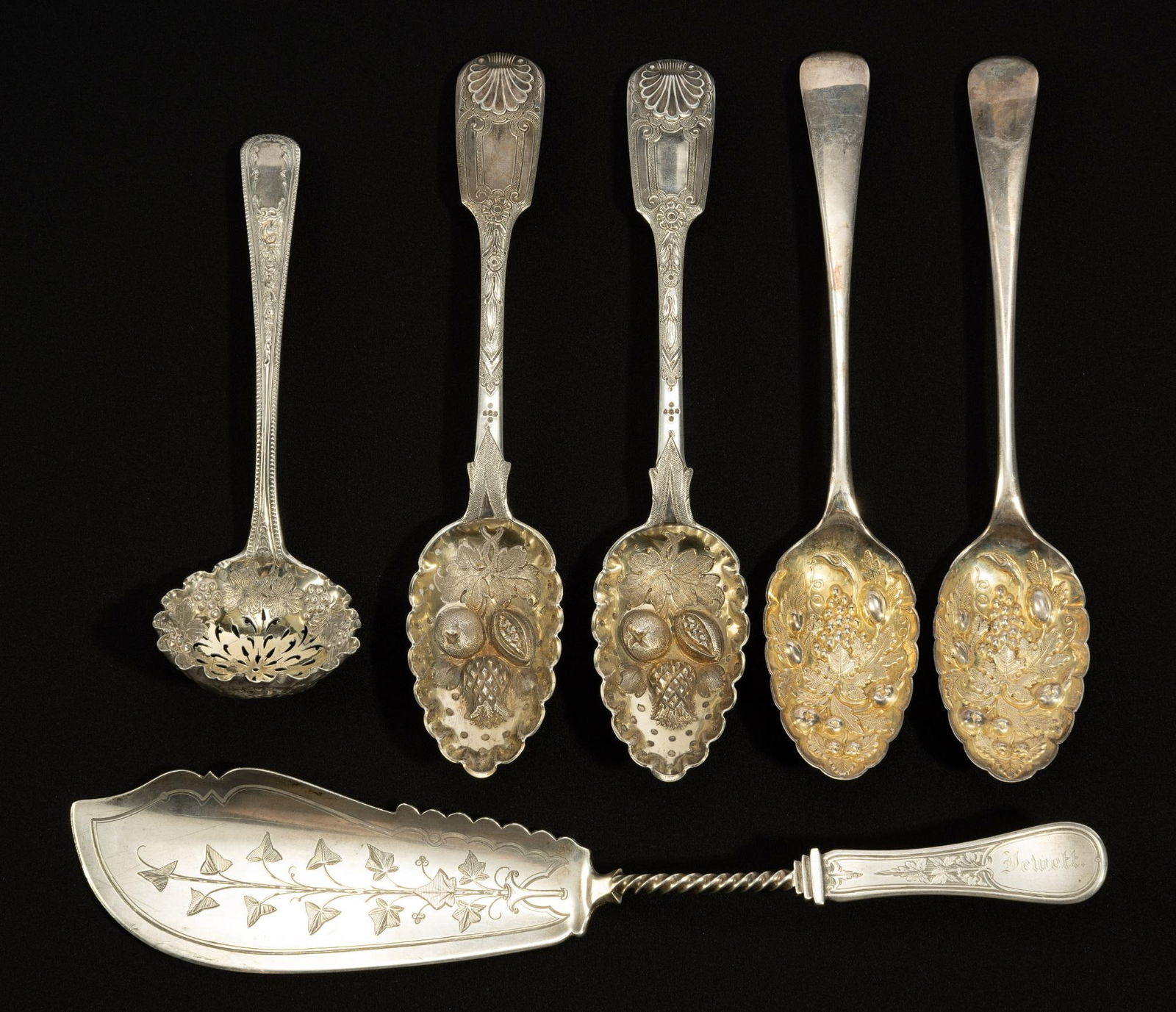 Edward III Sterling Silver Serving Pieces: DESCRIPTION: One pair of John, Henry, and Charles Lias berry serving spoons. London 1825. Very high quality detail work, length of 9" and weight of 6 troy ounces for the pair. One pair of William Eato