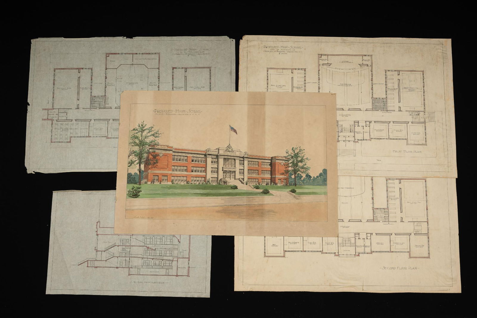 9 Charles Parker (1885-1961) Proposal Architectural Drawings for Asheville High School (1 of 5)