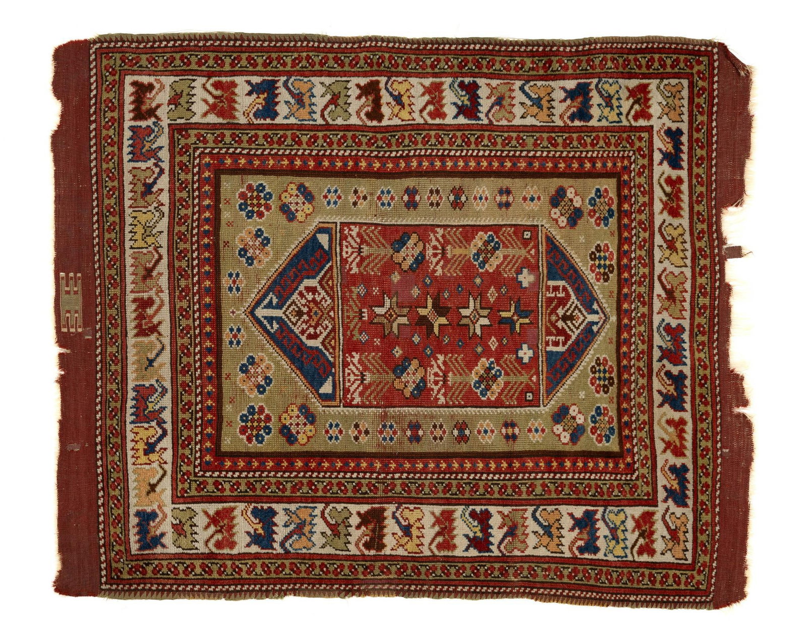 Antique Persian Scatter Rug: DESCRIPTION: Possibly an Avunya rug. 19th century. Geometric design with geometric border. MEASUREMENT: 3' wide x 3' 9" long. CONDITION: Losses to ends.