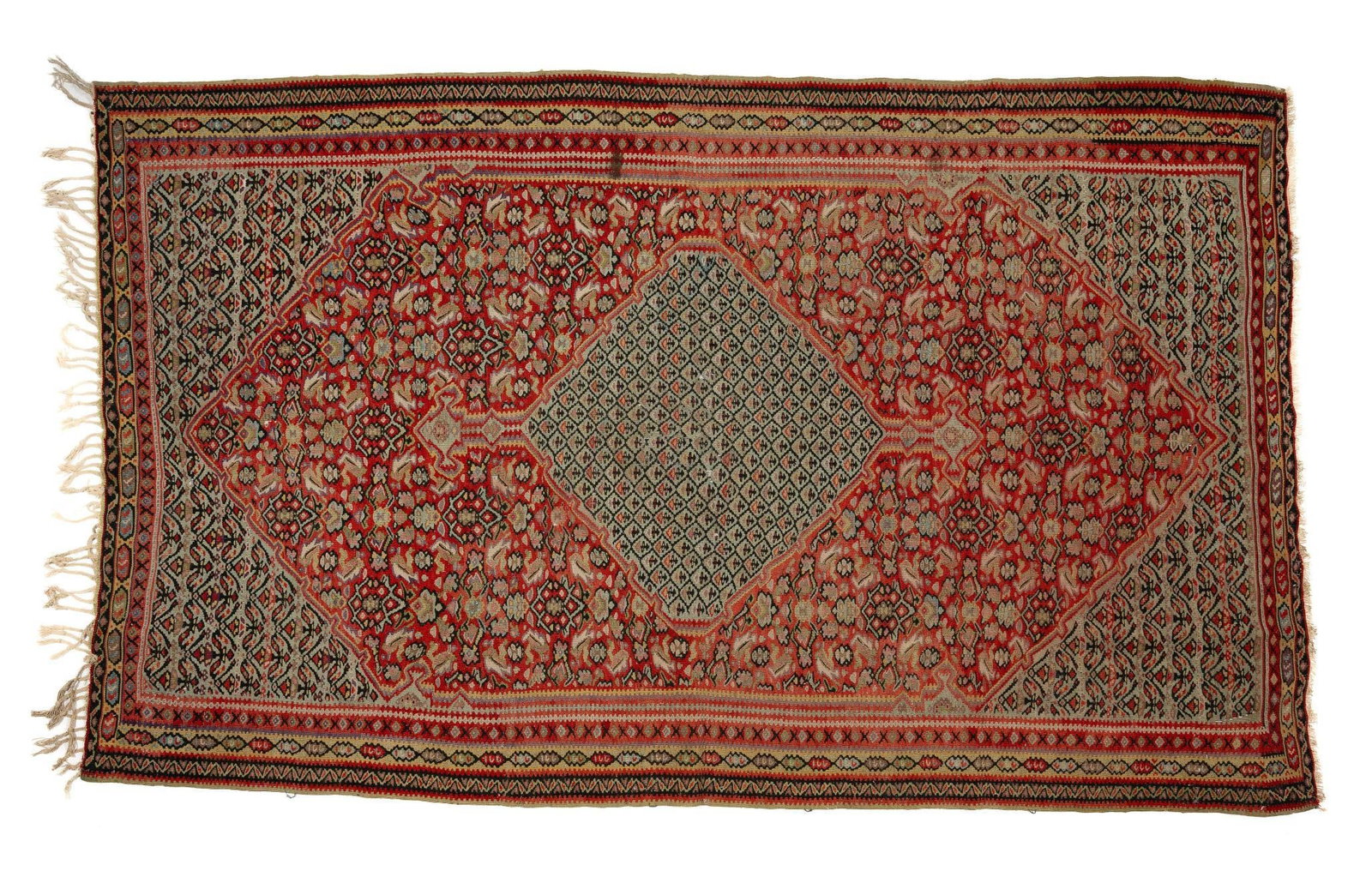Antique Persian Area Rug: NOT ELIGIBLE FOR IN-HOUSE SHIPPING. DESCRIPTION: All over geometric design with geometric border. MEASUREMENT: 4' 1-1/4" wide x 6' 8" long. CONDITION: Light wear consistent with age and use. Some frin