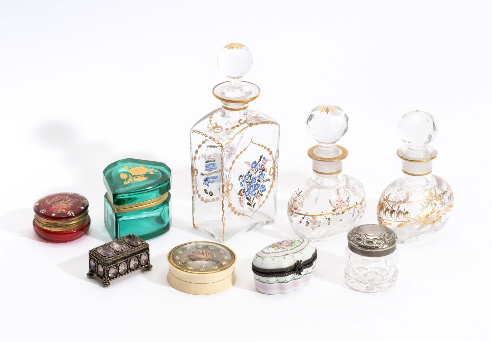 9 Late 19th Century Enamel Glass Dresser Boxes Perfume Bottles (1 of 18)