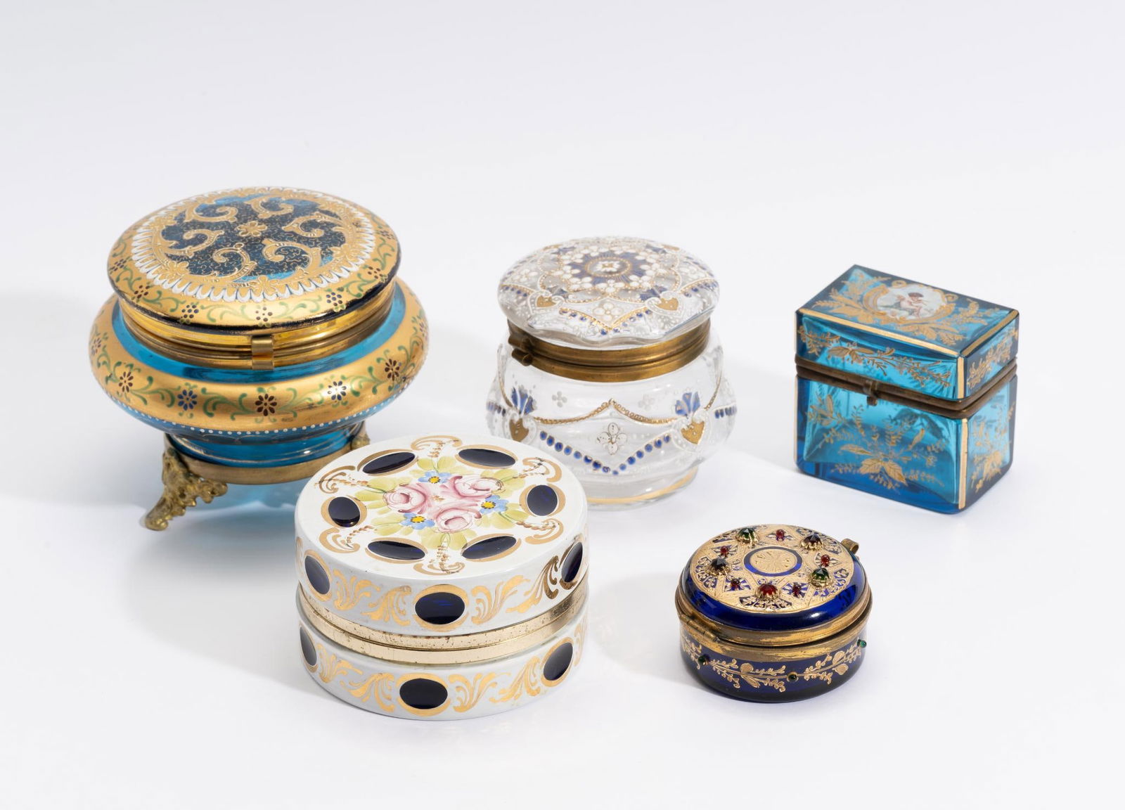 5 Antique Glass Enamel Dresser Boxes Late 1800's (1 of 12)