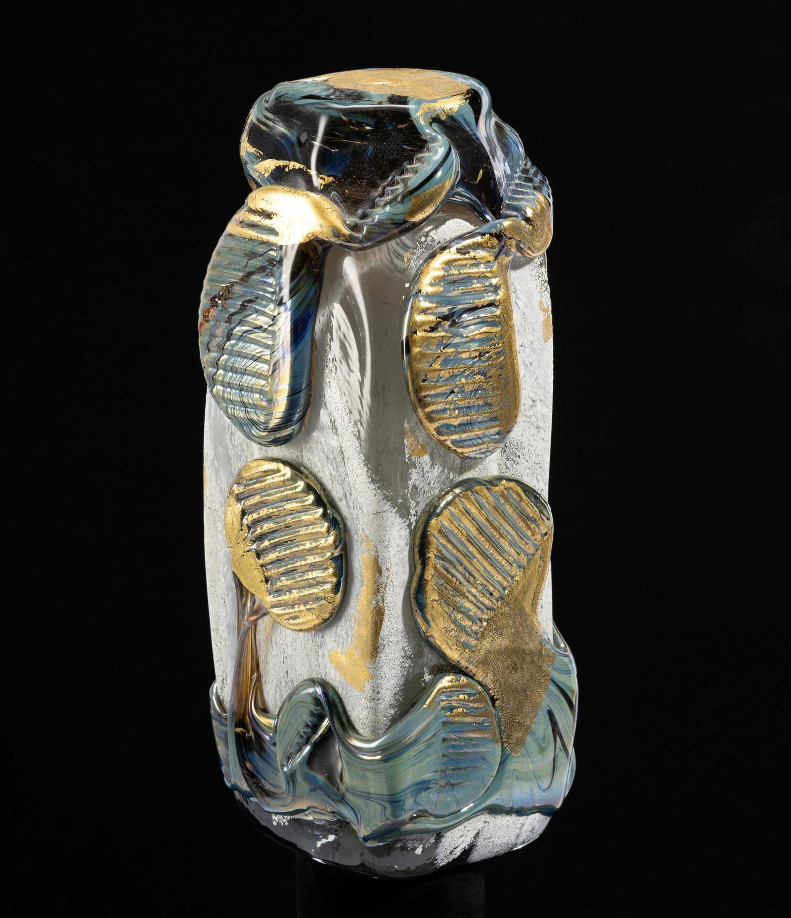 Jean-Claude Novaro (French, 1943 - 2015): DESCRIPTION: "Free-form Sculpture, Aqua Gold". Rectangular shape with circular aqua pieces, some with gold paint. Jean Claude Novaro was a French artist considered one of the greatest glass makers of