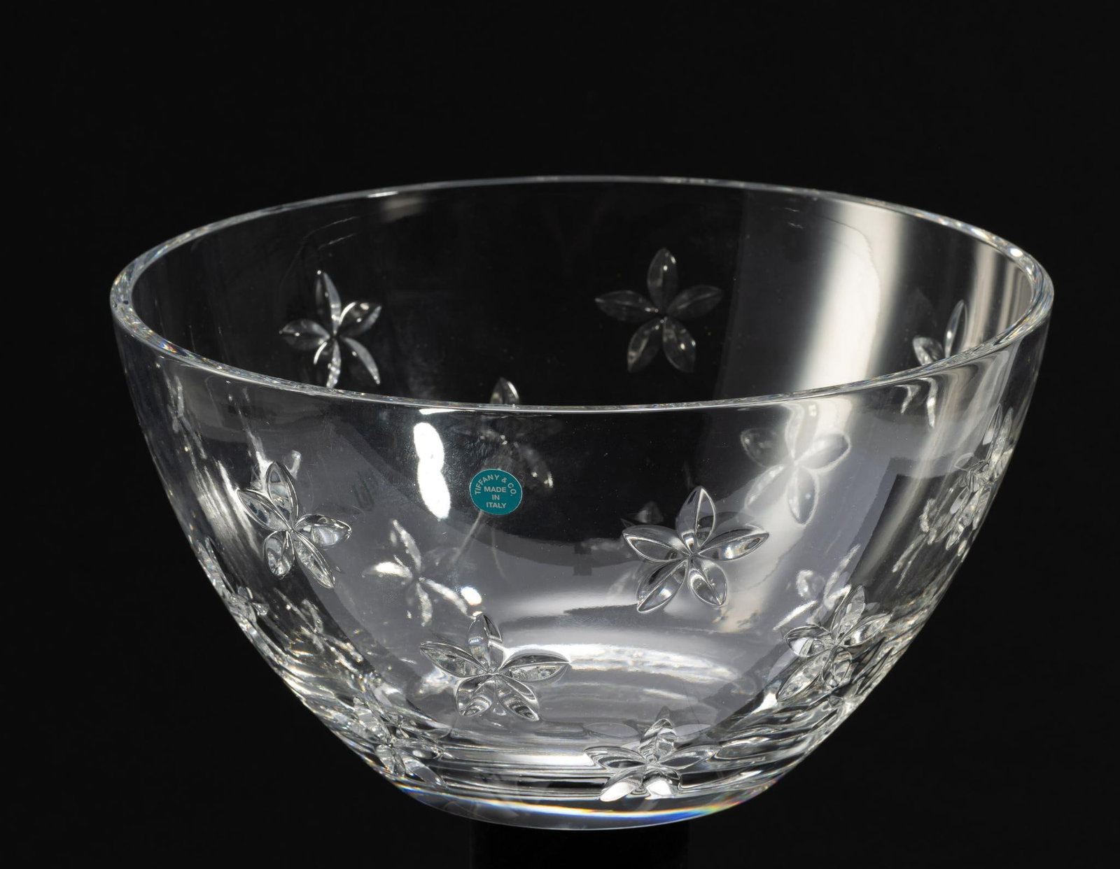 Tiffany Co. Floral Crystal Bowl: DESCRIPTION: Marked on bottom. Decorated with flowers. Includes original Tiffany Co. box. MEASUREMENTS: Bowl 10-1/4" diameter x 5-1/2" high. Box 12-1/4" wide x 8-1/2" high.