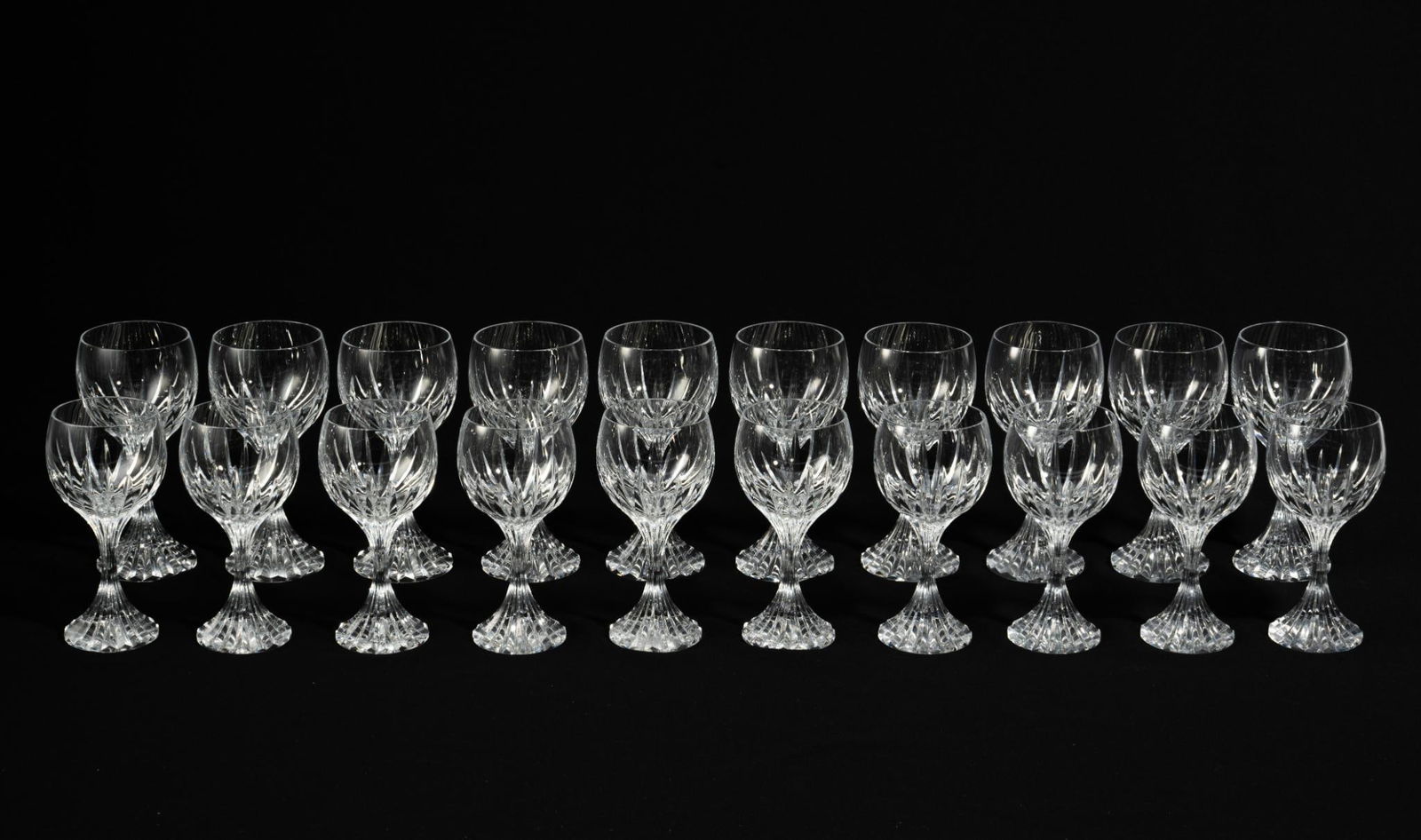 20 Pcs. Baccarat Massena Stemware: DESCRIPTION: Includes 10 water goblets 3-1/8" diameter x 7" high; and 10 white wine goblets 2-3/4" diameter x 6-1/4" high. All marked on bottom.