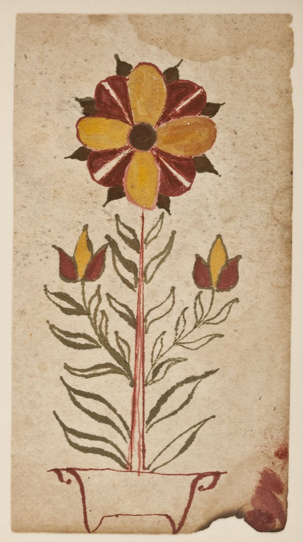 Early 19th Century Fraktur Drawing: DESCRIPTION: Early 19th century fraktur drawing depicting a red and orange flower in a pot on off-white wove paper. PROVENANCE: Johnny Neidinger Collection. MEASUREMENTS: 4-1/8" x 2-1/4". Overall with