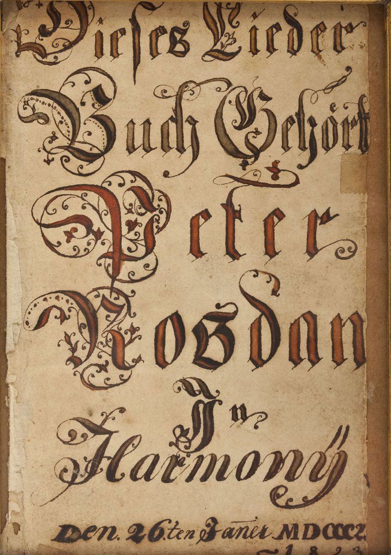 18th Century Harmony Society Fraktur: DESCRIPTION: 18th century Harmony Society of Western Pennsylvania and Ohio fraktur bookplate for Peter Rosdan. 1823. PROVENANCE: Greg Kramer Collection. MEASUREMENTS: 6-3/8" x 4-1/8". Overall with fra
