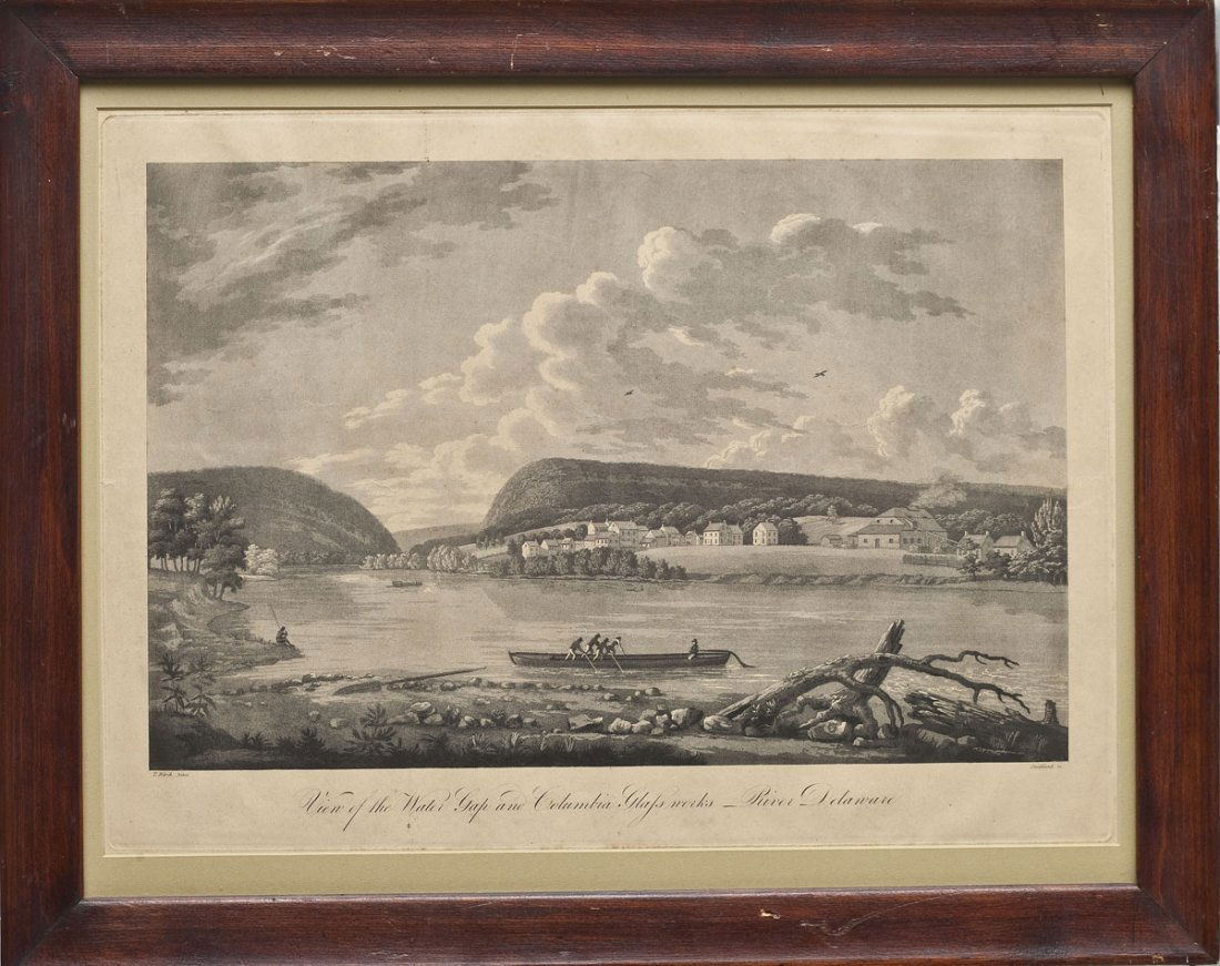 Wm Strickland After Thomas Birch View of Water Gap: DESCRIPTION: After Thomas Birch (American, 1779-1851). View of the Water Gap and Columbia Glass Works River Delaware. Engraved by William Strickland on tan wove paper. Marked with printer's name, lowe